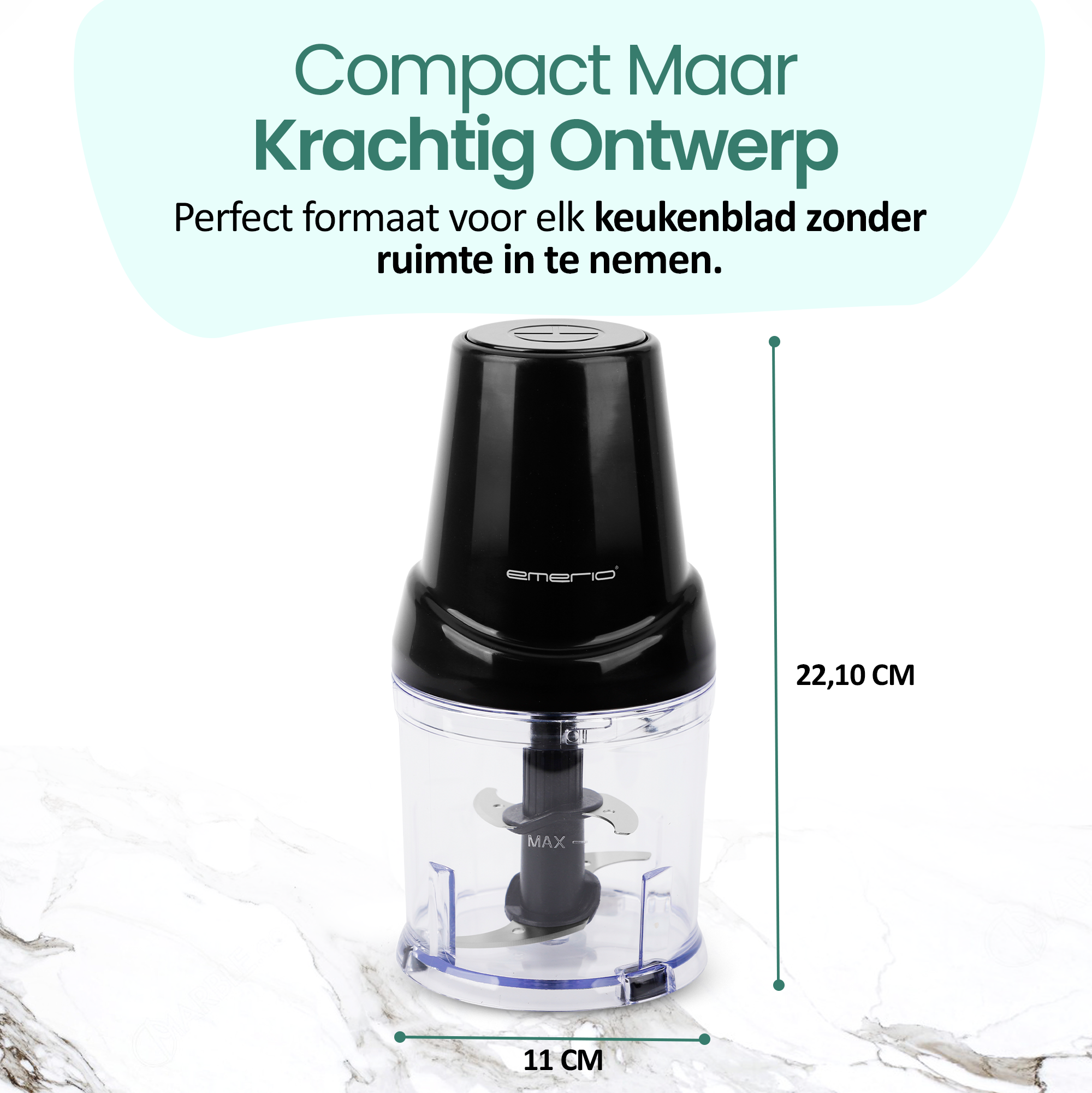 A black and clear food processor on a marble surface. Text includes dimensions and product details.