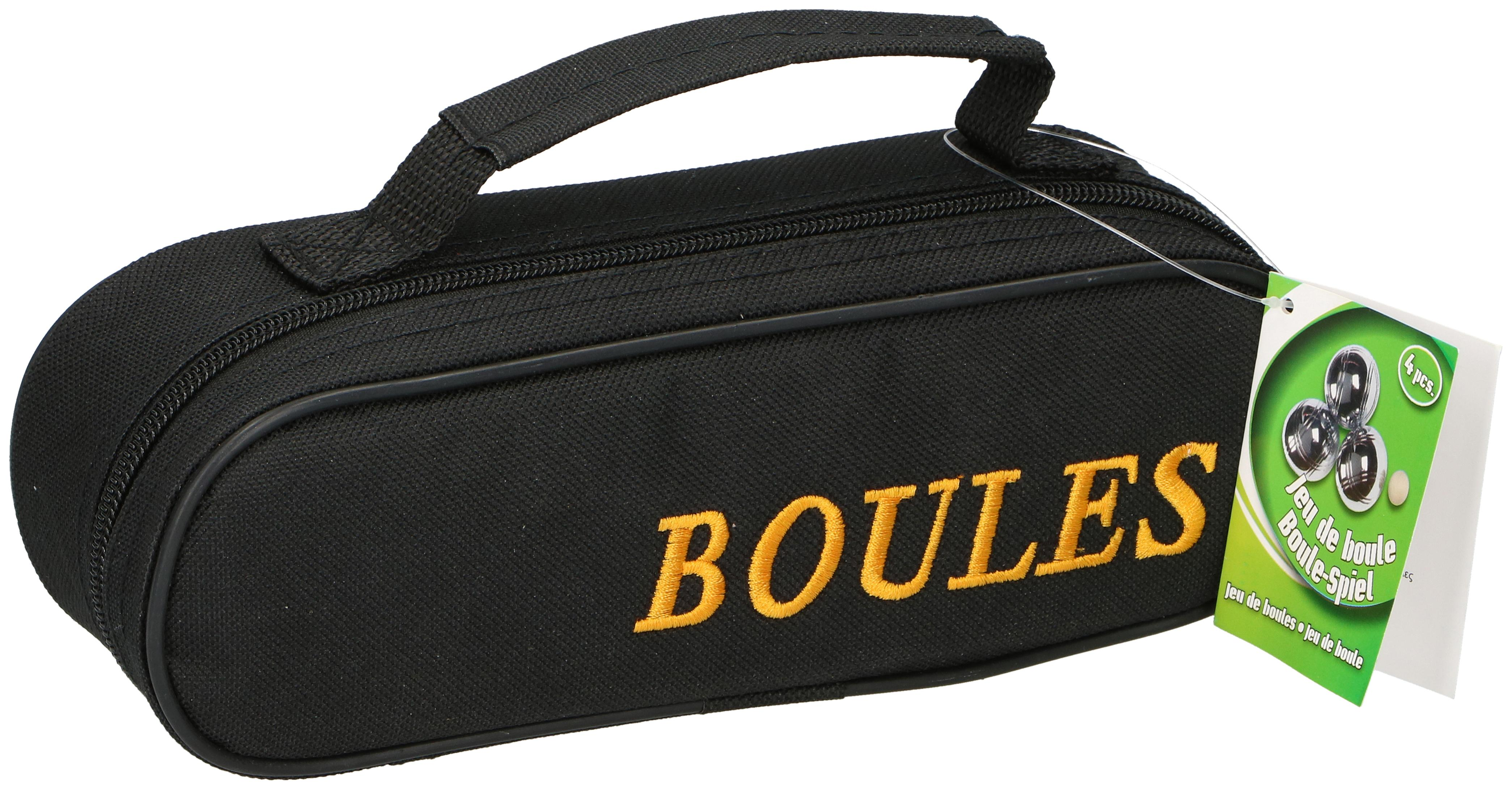 Una custodia nera con la scritta 'BOULES' in giallo. Un'etichetta mostra palline di metallo. È un set di gioco.