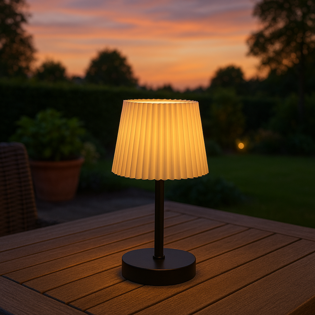 Eine beleuchtete Lampe mit plissiertem Schirm steht im Freien auf einem Holztisch bei Dämmerung. Der Himmel ist orange und rosa.