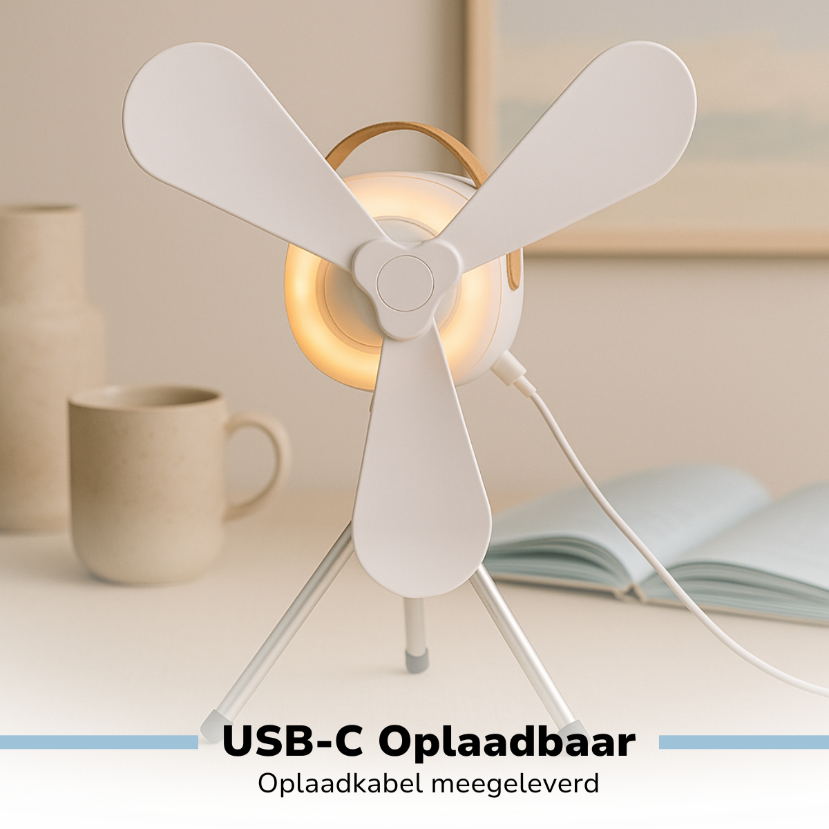 Un ventilateur blanc à trois pales sur un trépied, lumière vive. Une tasse et un vase à gauche, un livre ouvert à droite.
