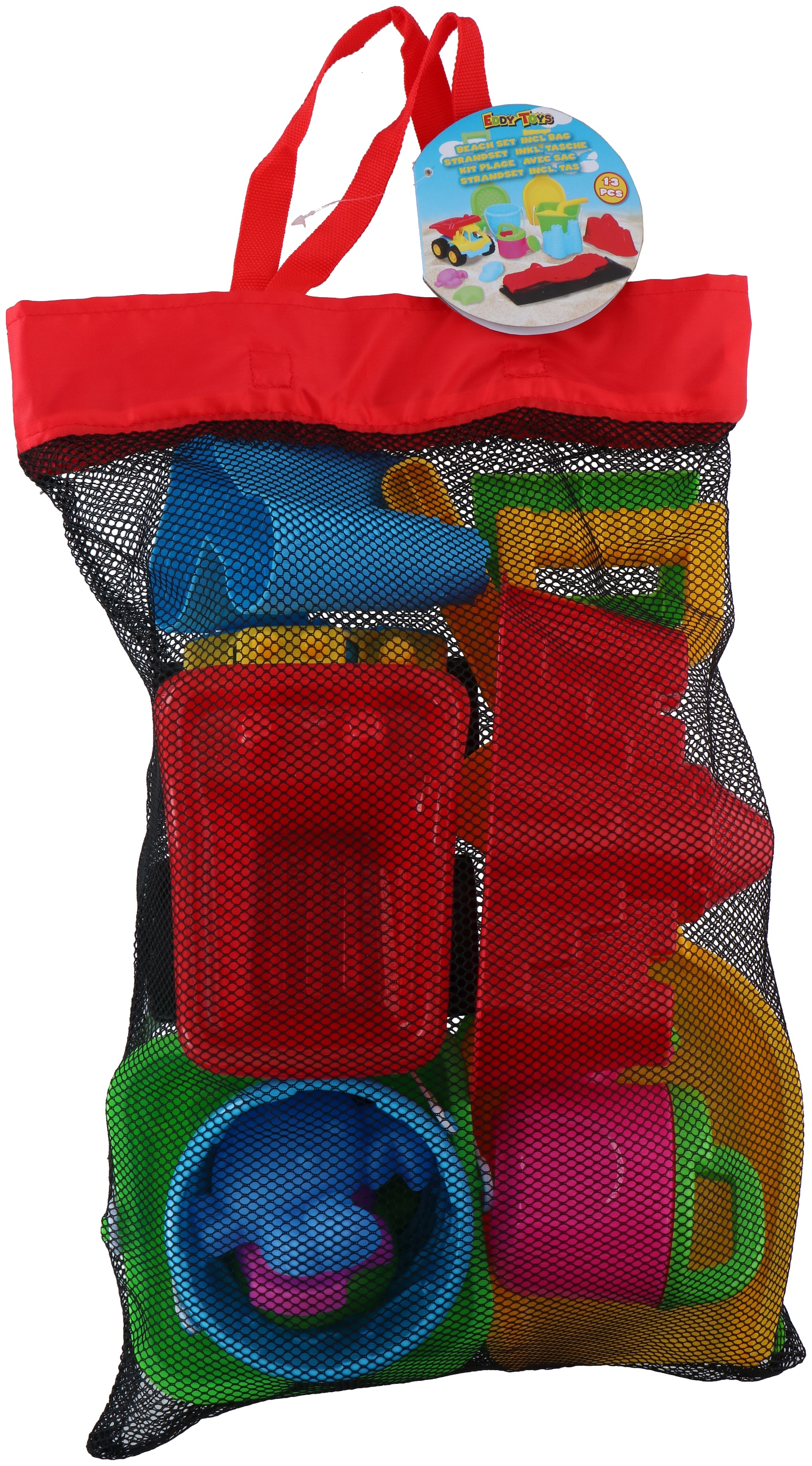 Un set di giochi da spiaggia in una borsa a rete. Include secchielli, palette e stampi in vari colori come rosso, blu, giallo, verde e rosa.