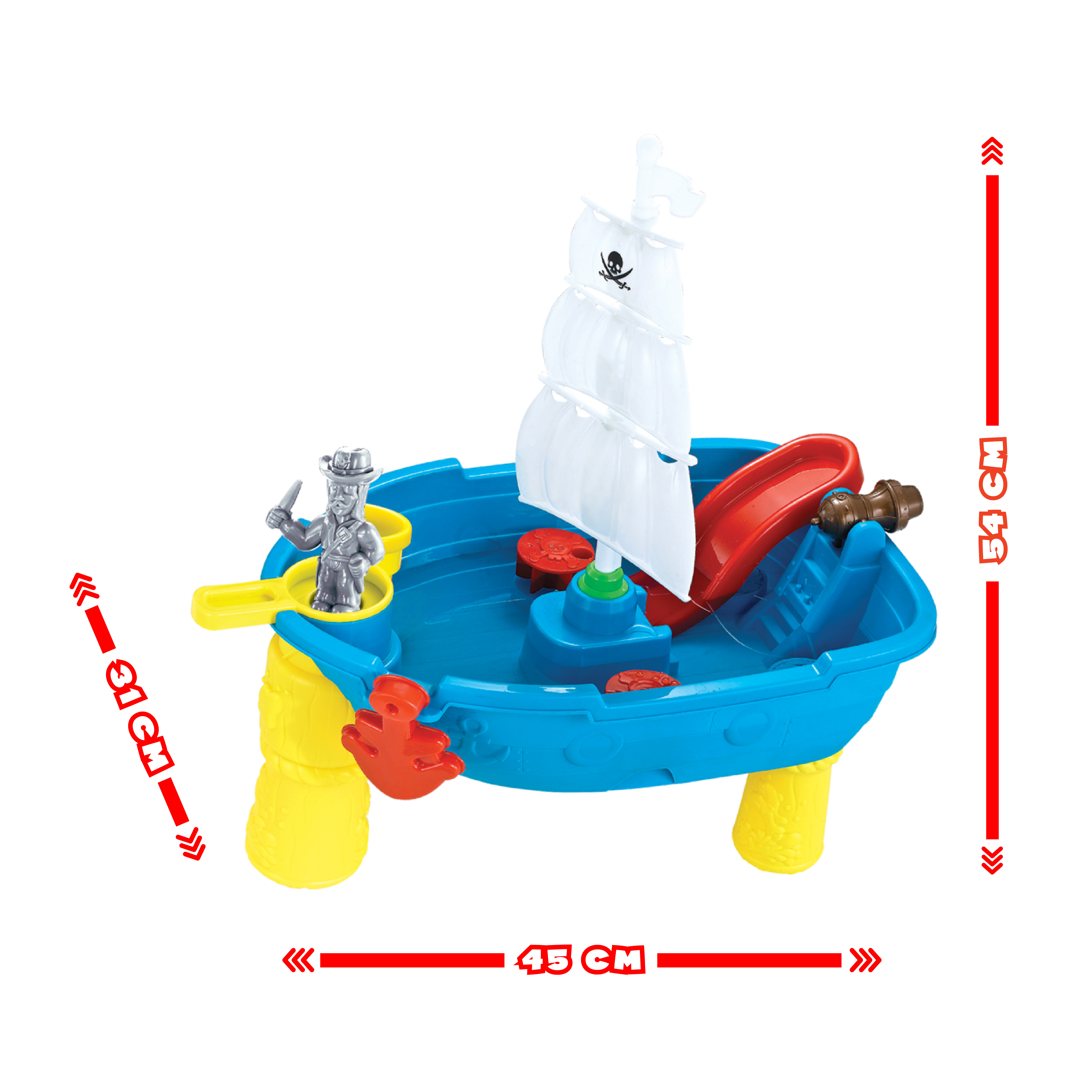 A toy pirate ship with a red slide, white sails, and a small pirate figure, on a white background with measurements.