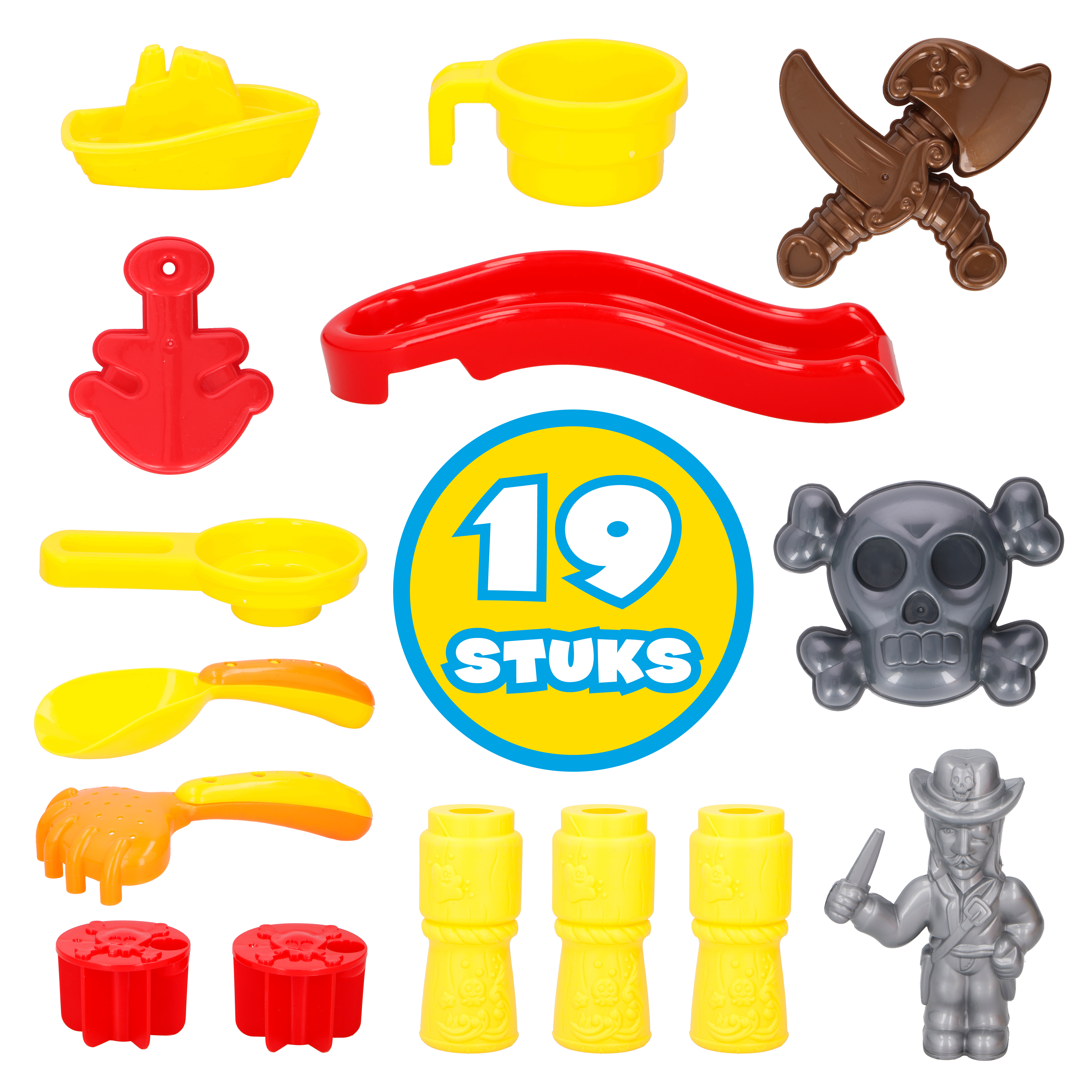 A set of children's pirate-themed beach toys, including a boat, cups, swords, an anchor, and molds.