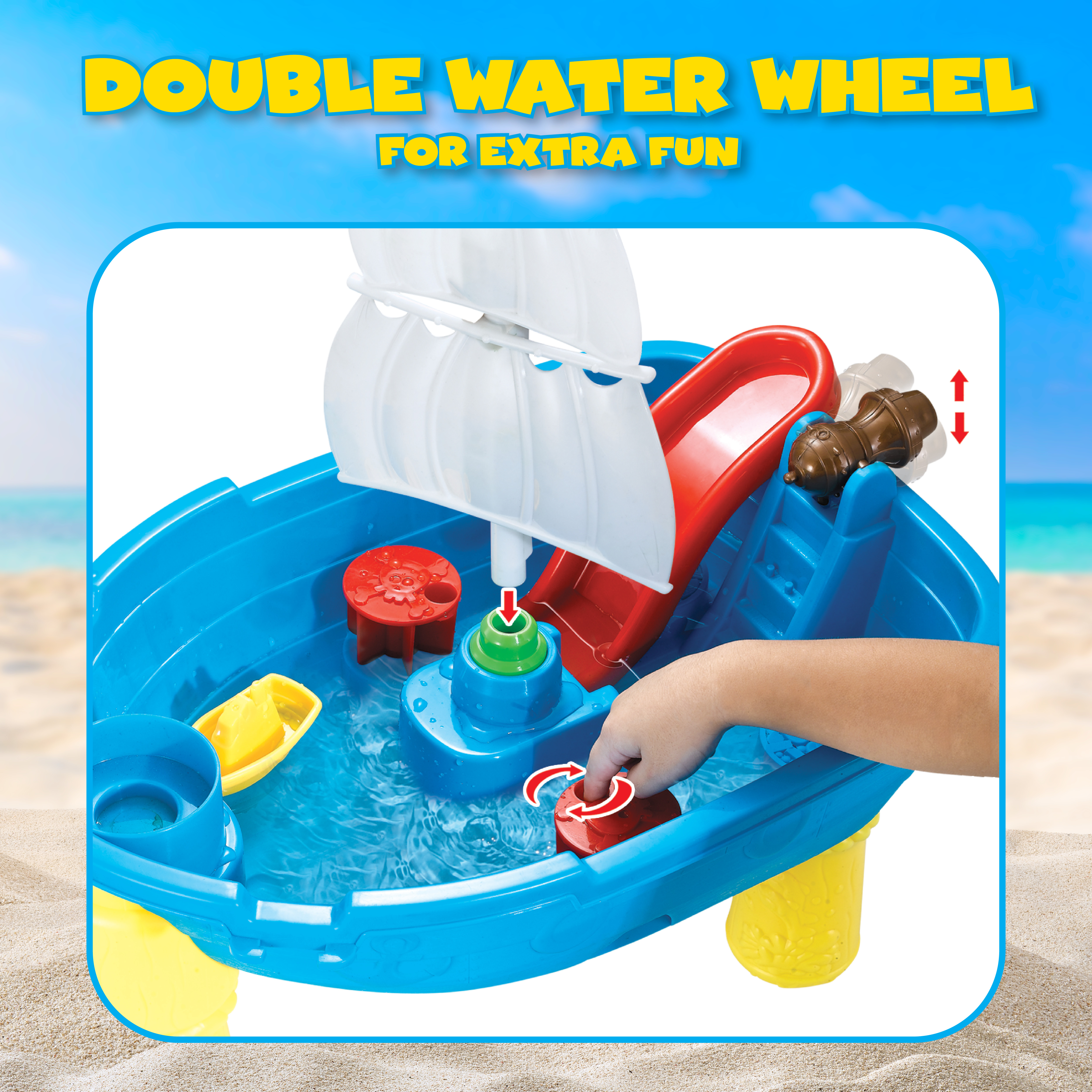 A water wheel toy with a red slide, a yellow boat, and a child's hand interacting with it, under a blue sky.