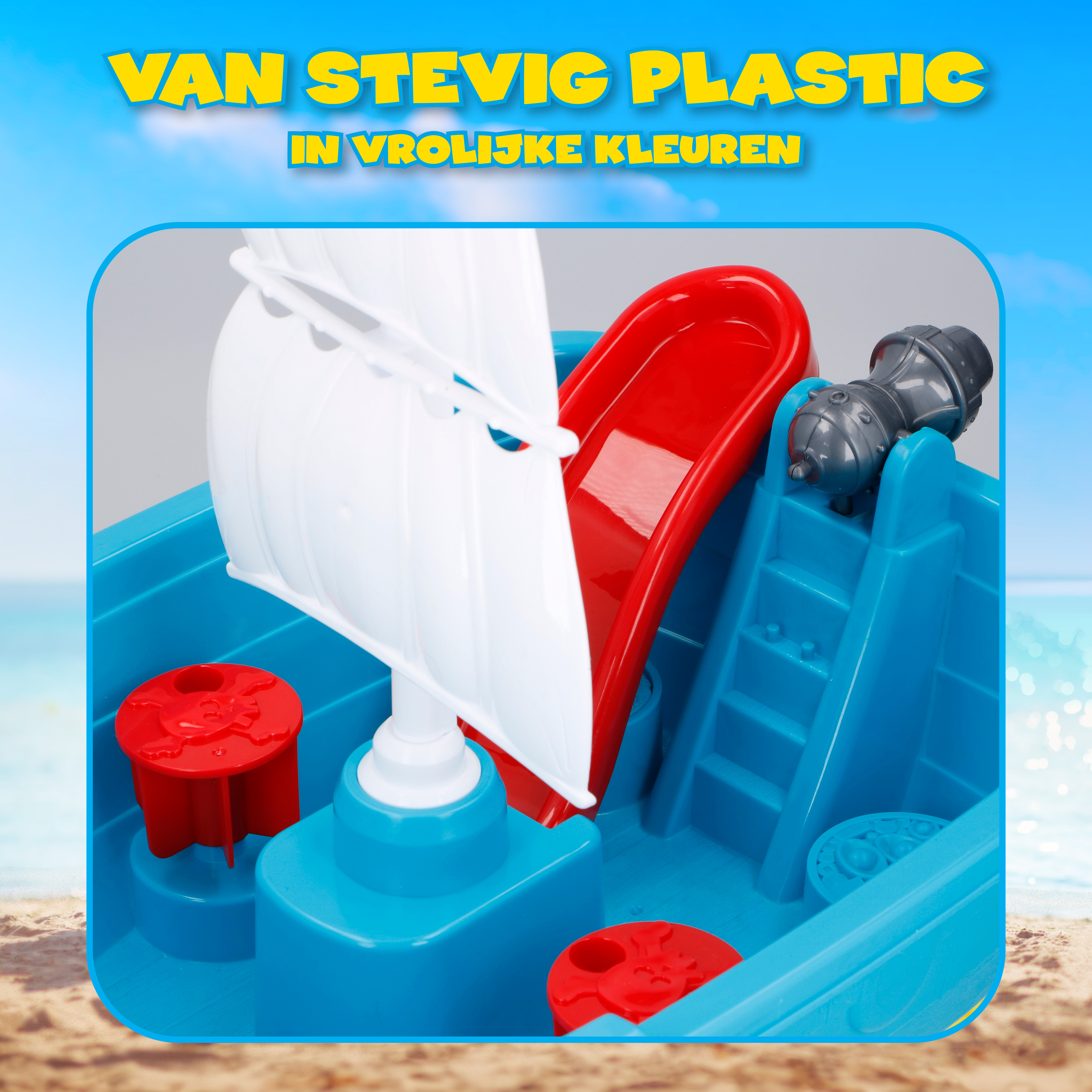 A toy boat with a white sail, red slide, and blue base. A pirate theme is present with red skull details.