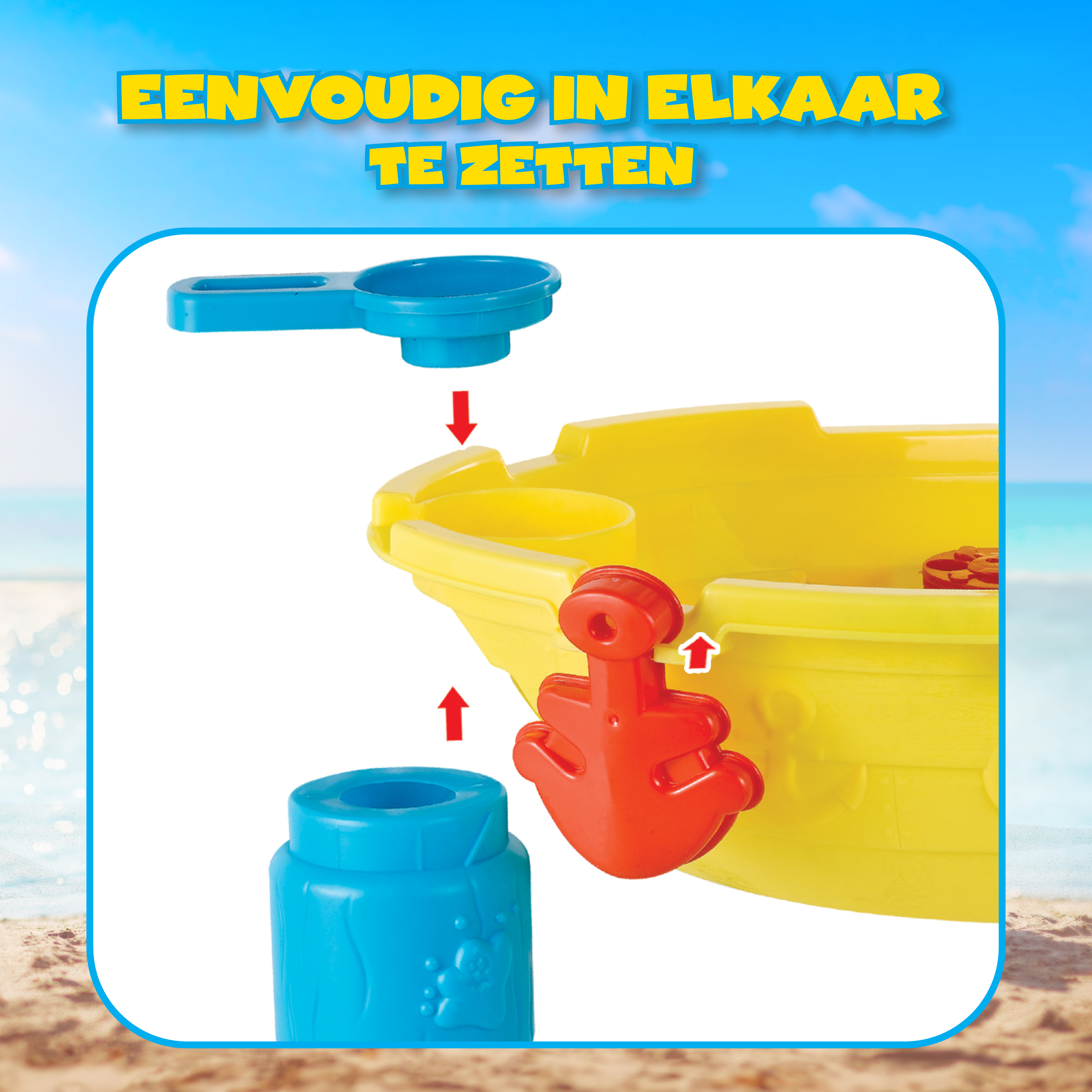 A yellow toy boat with blue and red accessories is being assembled. The background shows a beach and blue sky.