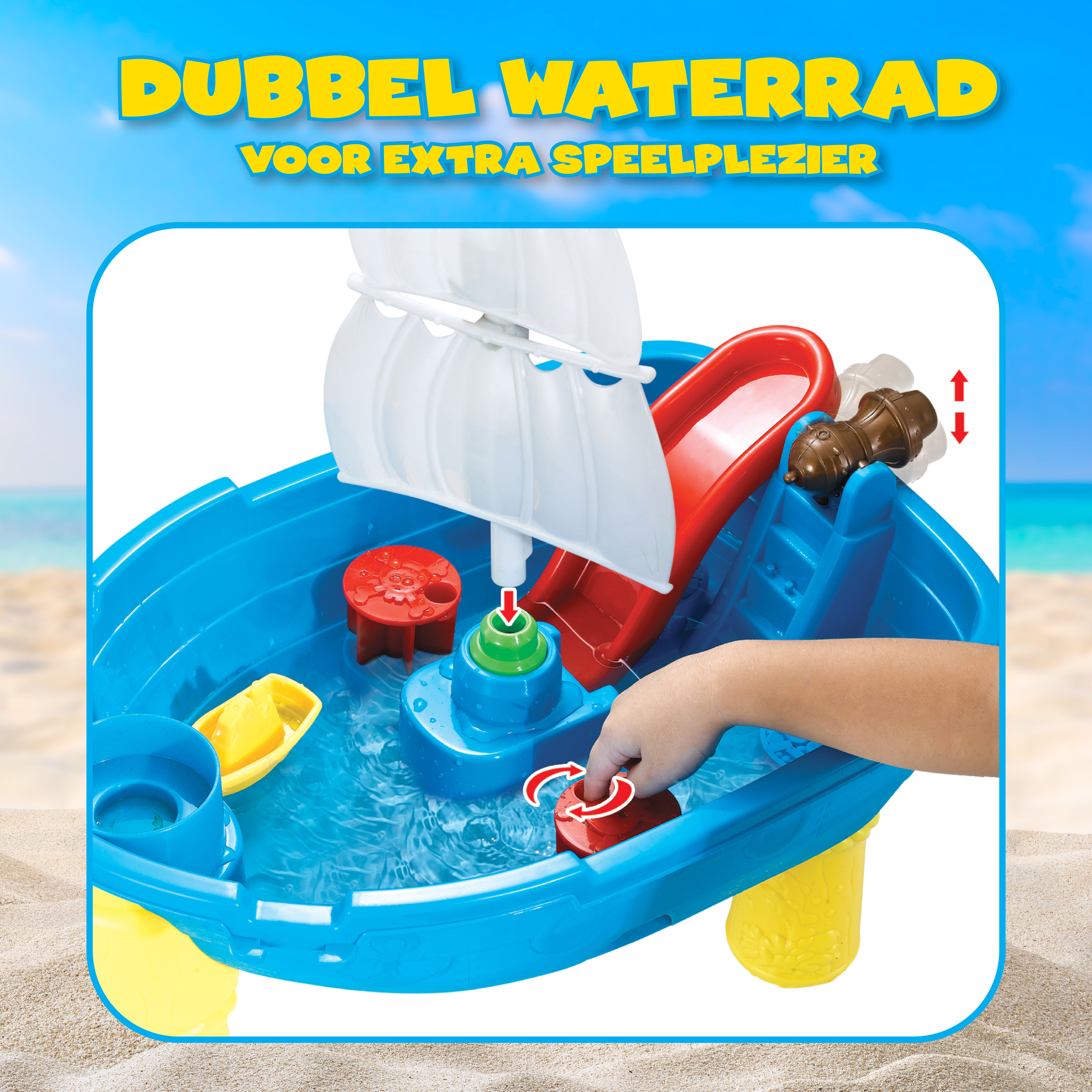 A blue water table with a red slide, a white sail, and yellow accessories on a sandy beach, with blue sky in the background.