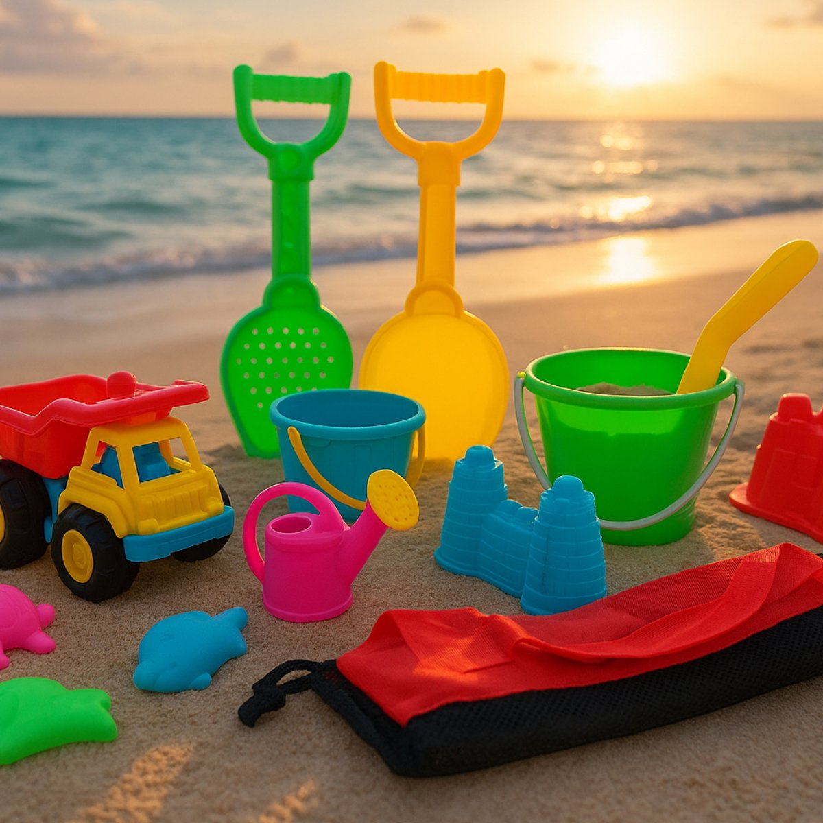 Colorful beach toys on sand, including shovels, buckets, a truck, and sand molds. The ocean and sunset are in the background.