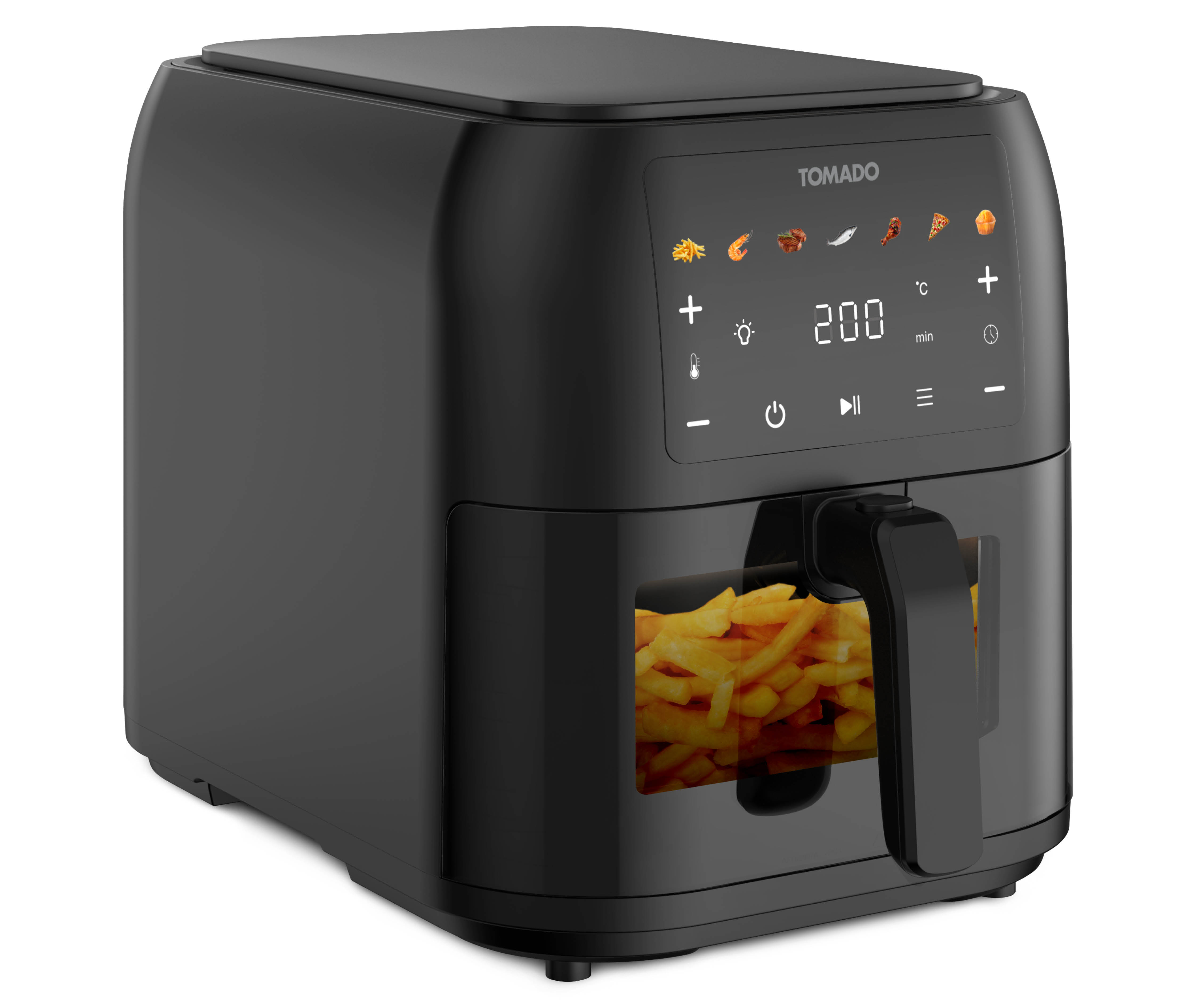 Eine schwarze Heißluftfritteuse mit Pommes Frites im Inneren. Es hat ein digitales Display und den Markennamen 'TOMADO'.