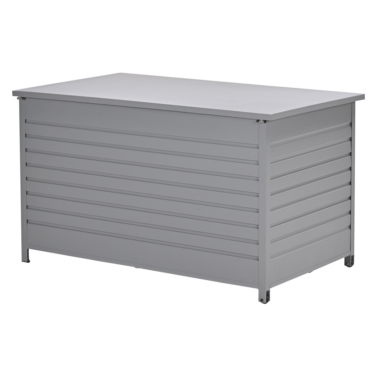 Een grijze opbergbox met een plat deksel en horizontale lijnen op de zijkanten, tegen een witte achtergrond.