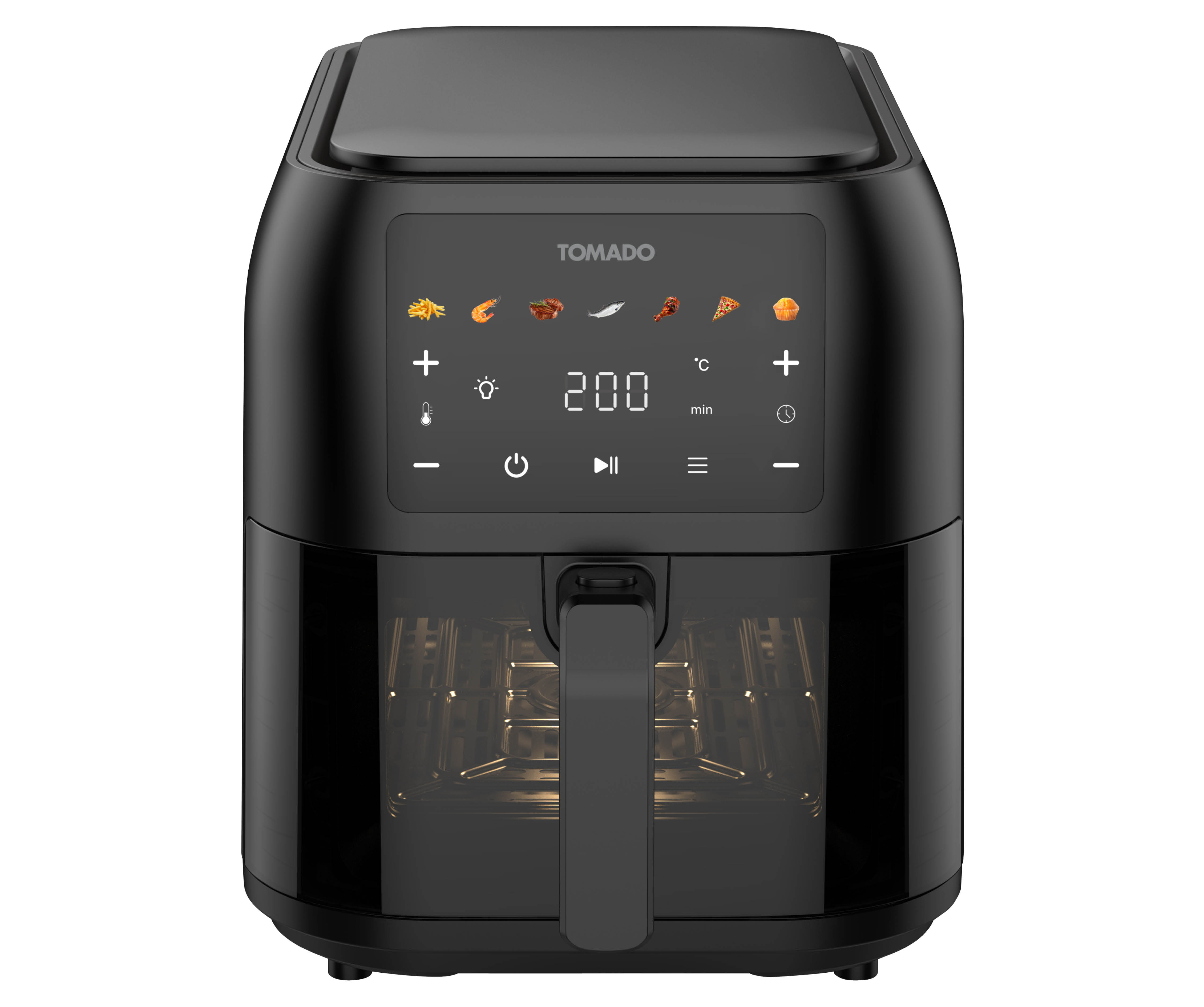 Schwarze Tomado-Heißluftfritteuse. Sie hat ein digitales Display mit Temperatur- und Zeiteinstellungen. Die Vordertür hat einen Griff.