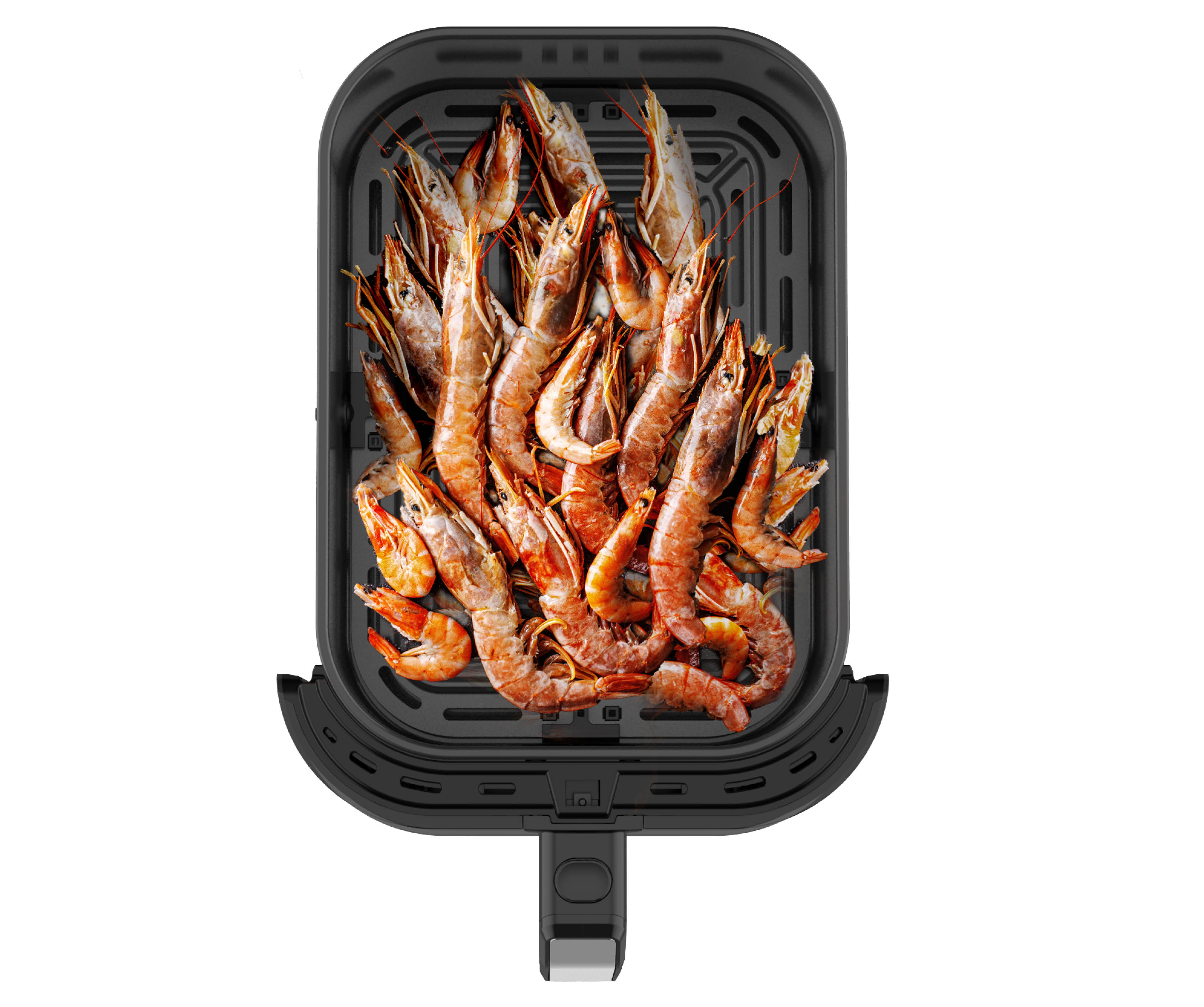 Gegrillte Garnelen auf einem schwarzen Airfryer-Tablett. Die Garnelen sind rot-orange und das Tablett hat einen Griff. Weißer Hintergrund.
