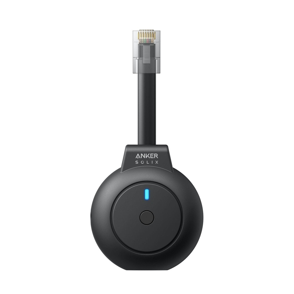 Un appareil Anker Solix noir avec un câble connecté. Il a une base ronde avec un bouton et une lumière, et un connecteur en haut.