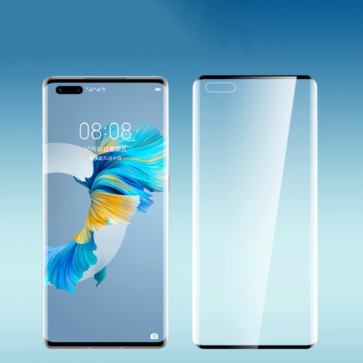 Twee smartphones op blauwe achtergrond. Eén toont tijd en een ontwerp. De andere is een helder scherm.