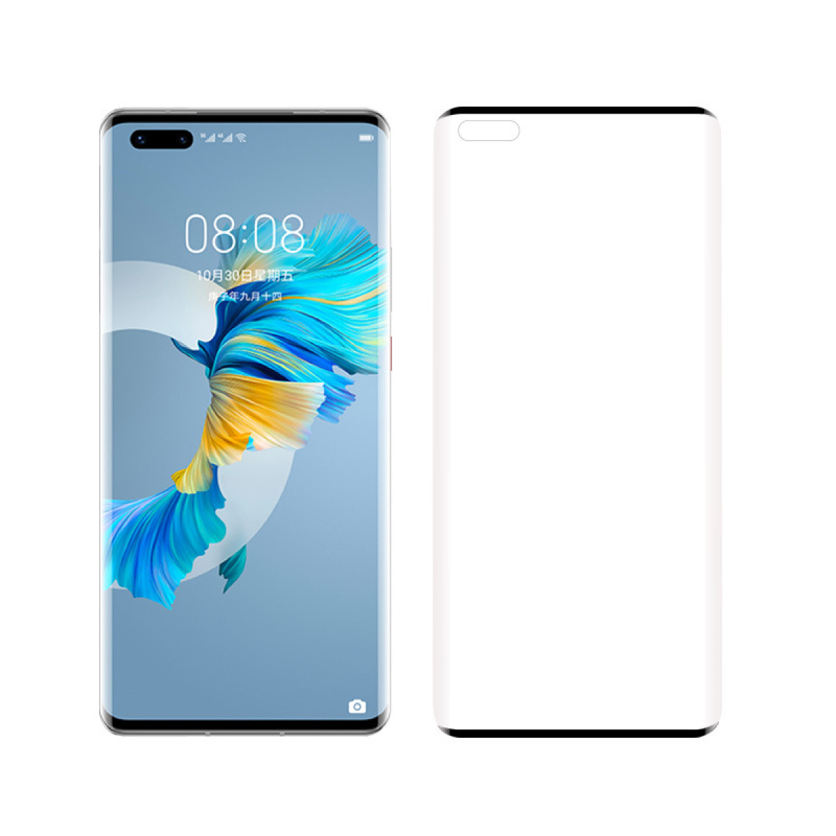 Een smartphone links toont tijd en datum. Rechts een witte schermbeschermer.