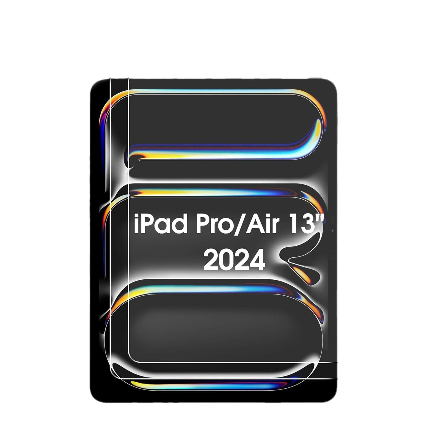 Gestileerde afbeelding van een tablet. Tekst luidt iPad Pro/Air 13" 2024. De achtergrond is donker met kleurrijke randen.