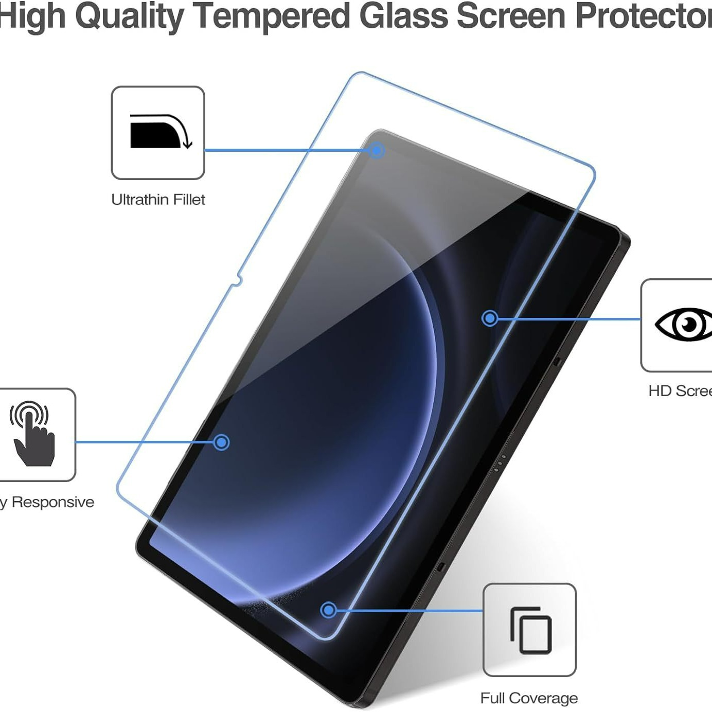 Widoczny jest ochraniacz ekranu ze szkła hartowanego. Znajduje się na tablecie. Kilka ikon wskazuje na ochraniacz, opisując jego funkcje.