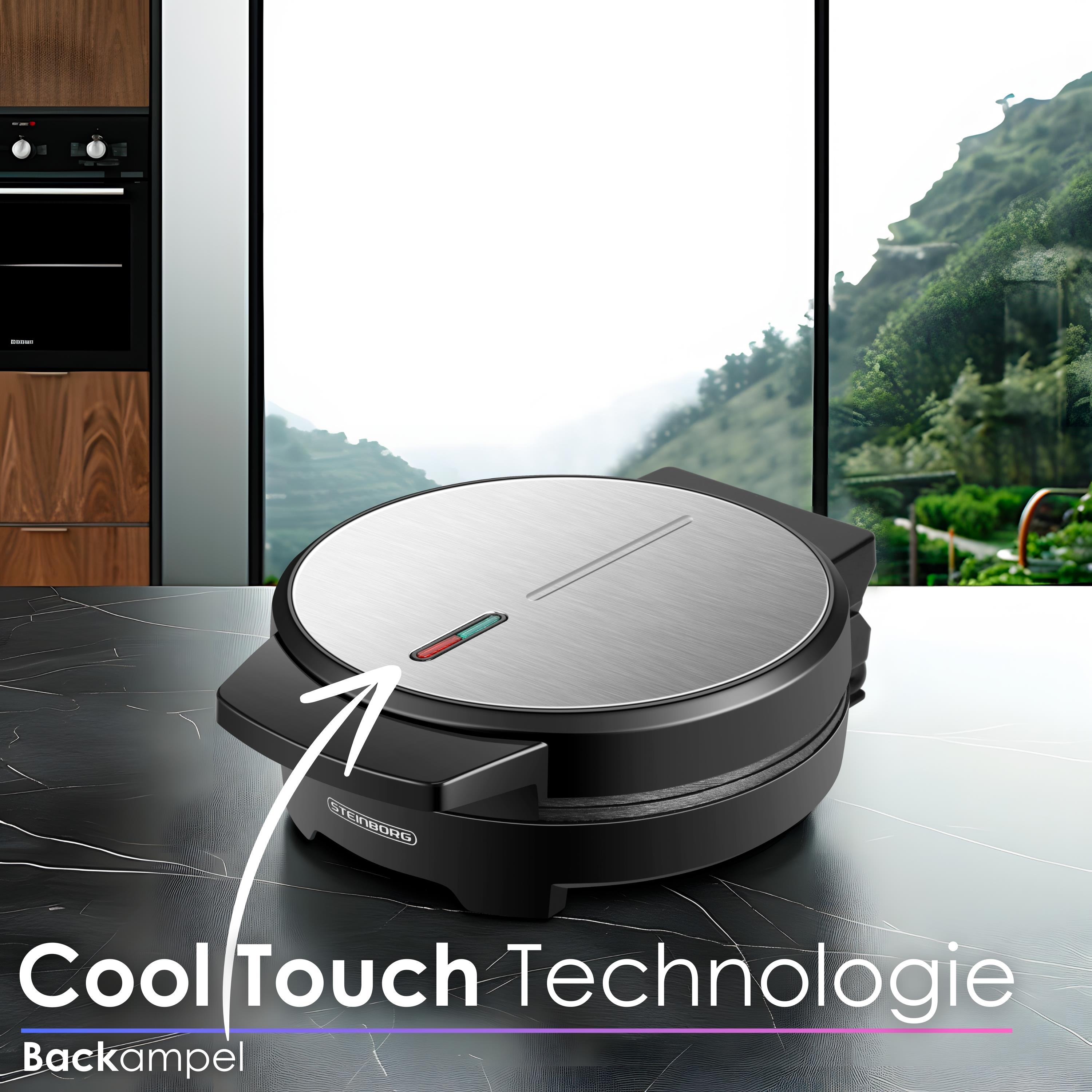 Schwarzer Waffeleisen auf Marmoroberfläche. Fenster zeigt Berglandschaft. Text: 'Cool Touch Technologie'.