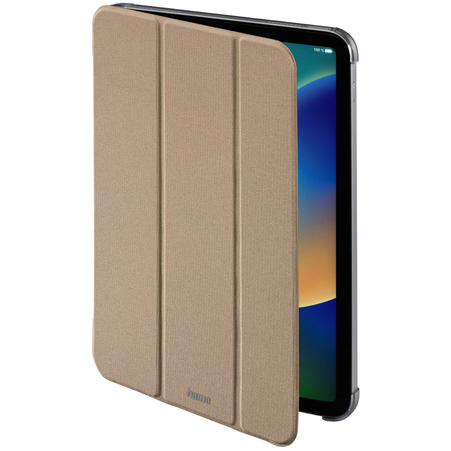 Beige Tablet-Hülle teilweise geöffnet, Bildschirm sichtbar. Bildschirm mit blau-gelbem Farbverlauf. Hülle hat strukturierte Oberfläche.