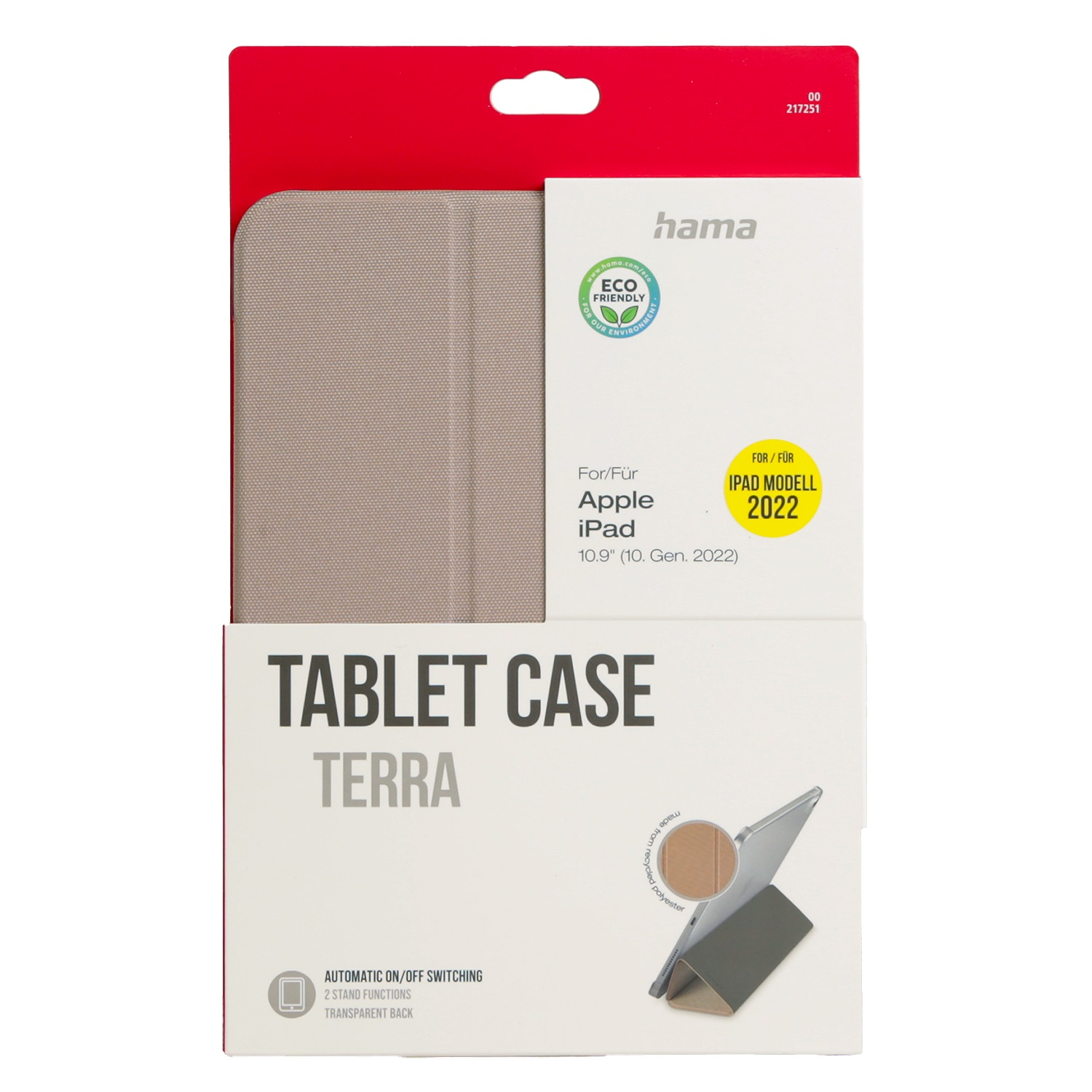 Eine Tablet-Hüllen-Verpackung. Die Verpackung ist rot und weiß mit Text und Bildern des Produkts. Es ist für ein Apple iPad.