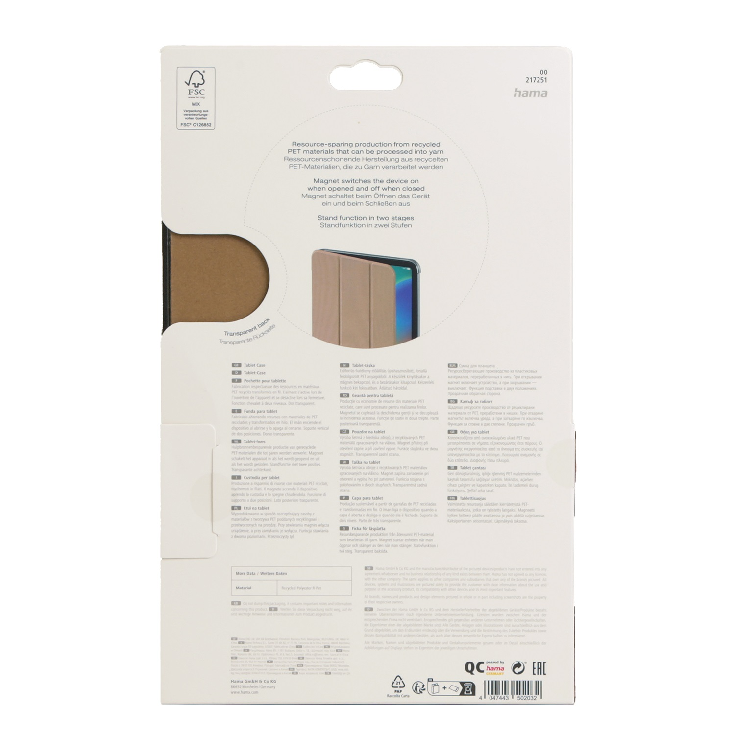 Weiße und braune Verpackung mit Produktdetails. Eine Tablet-Hülle wird gezeigt.