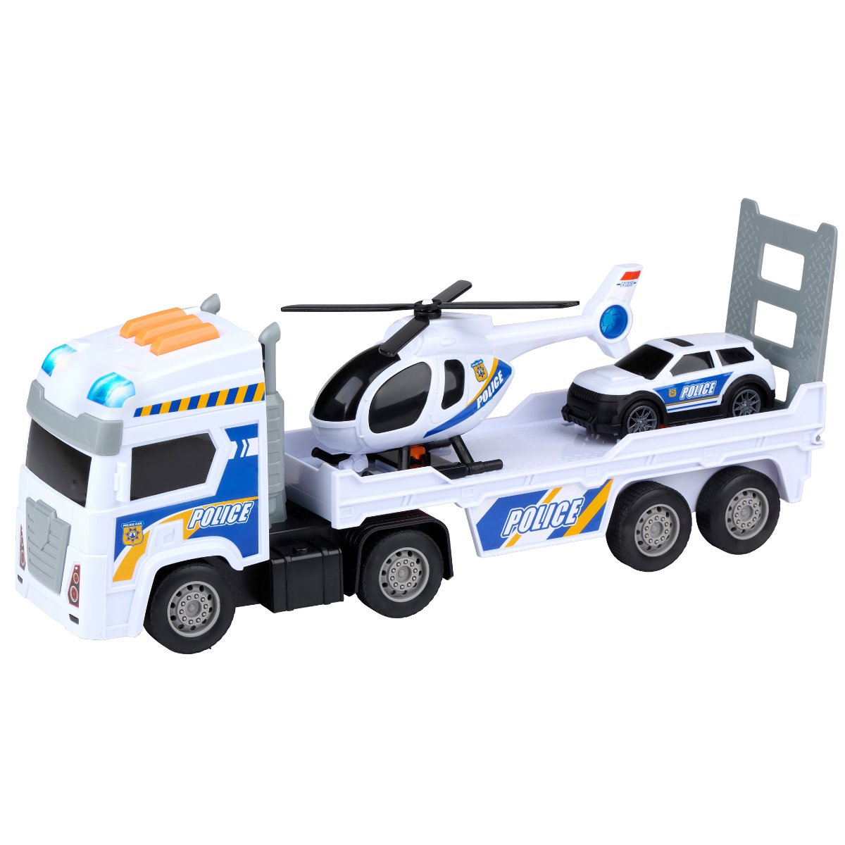 Un camion de police jouet blanc avec un hélicoptère et une voiture sur la remorque. Le camion a des détails bleus et jaunes.