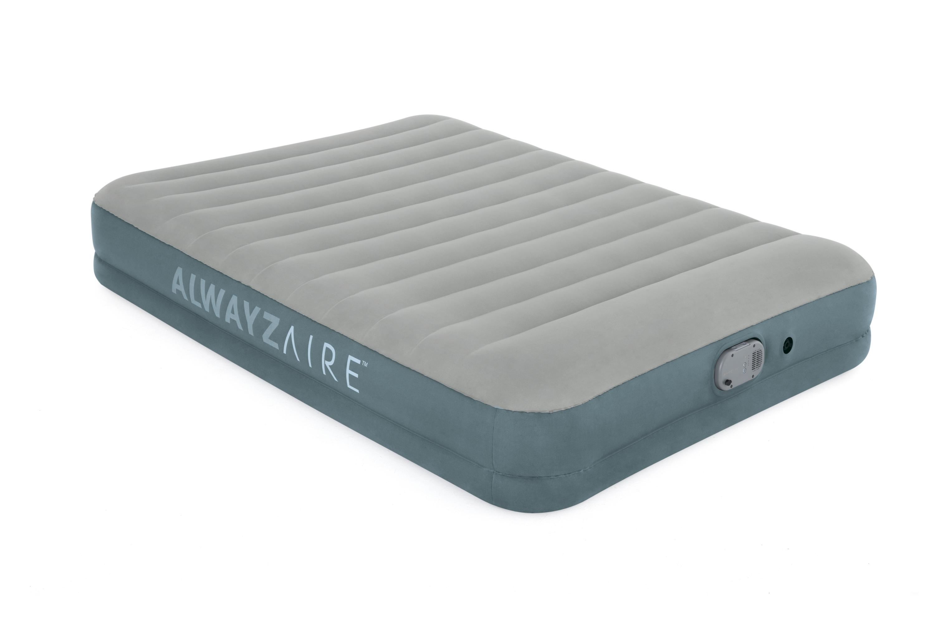 Een opblaasbare luchtmatras, grijze bovenkant en blauwgroene zijkanten, op een witte achtergrond. De merknaam is 'ALWAYZAIRE'.
