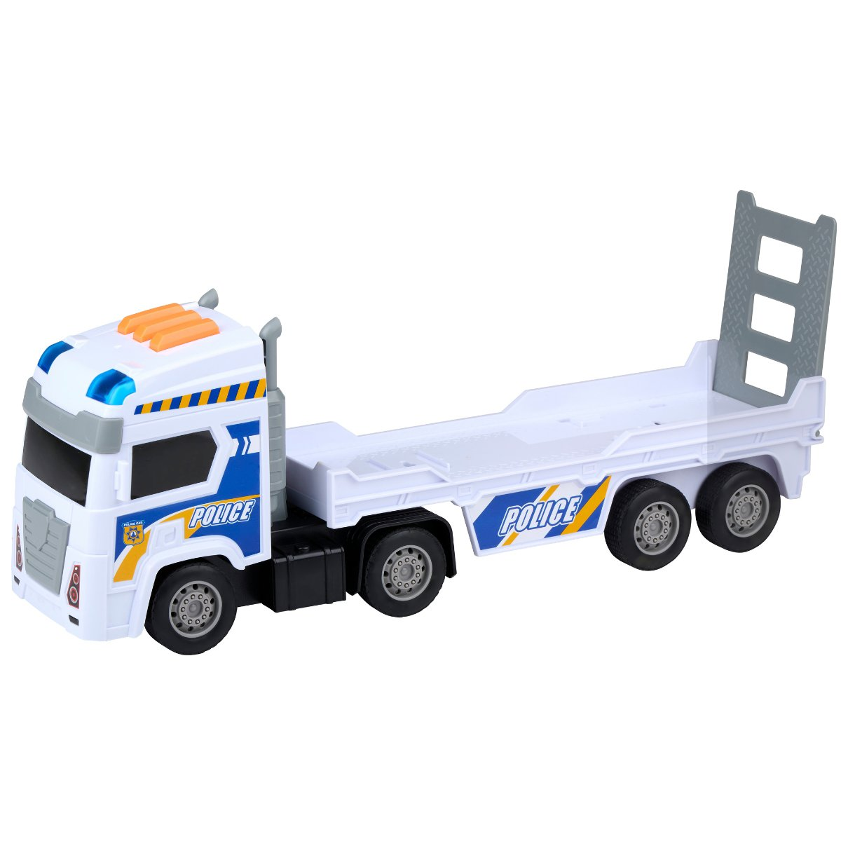 Un camion de police jouet blanc avec une longue remorque. Il a des accents bleus et jaunes. Le mot 'POLICE' est sur le côté.