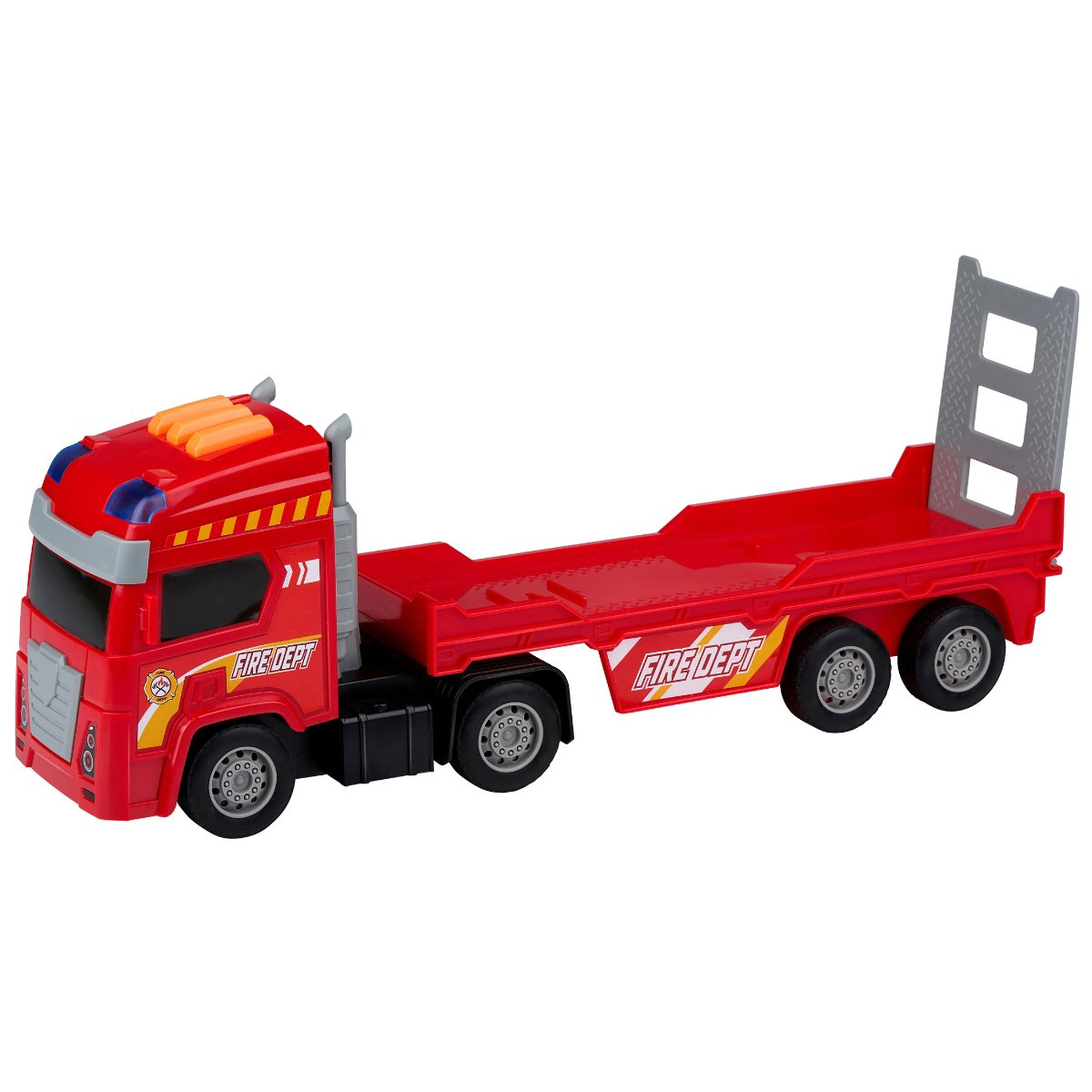 Een rode speelgoed brandweerwagen met een lange dieplader. Er staat 'FIRE DEPT' op en een grijze ladder.