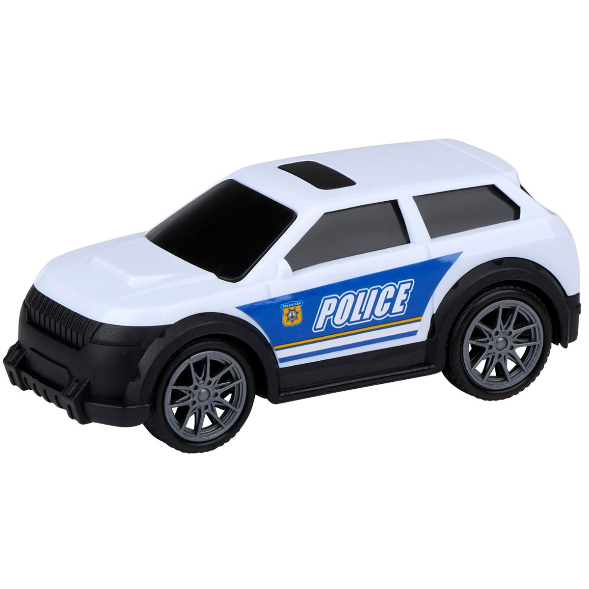 Une voiture de police jouet blanche avec des accents noirs, des étiquettes de police bleues et des roues grises est isolée sur fond blanc.