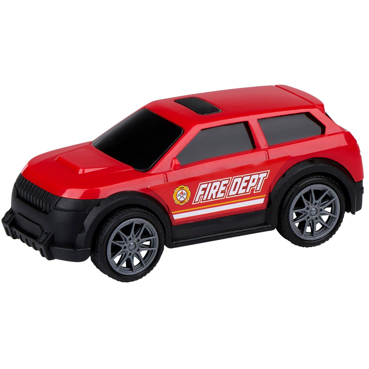 Een rode speelgoed brandweerauto. Hij heeft zwarte banden en bekleding met grijze velgen. De auto heeft het opschrift 'FIRE DEPT'.