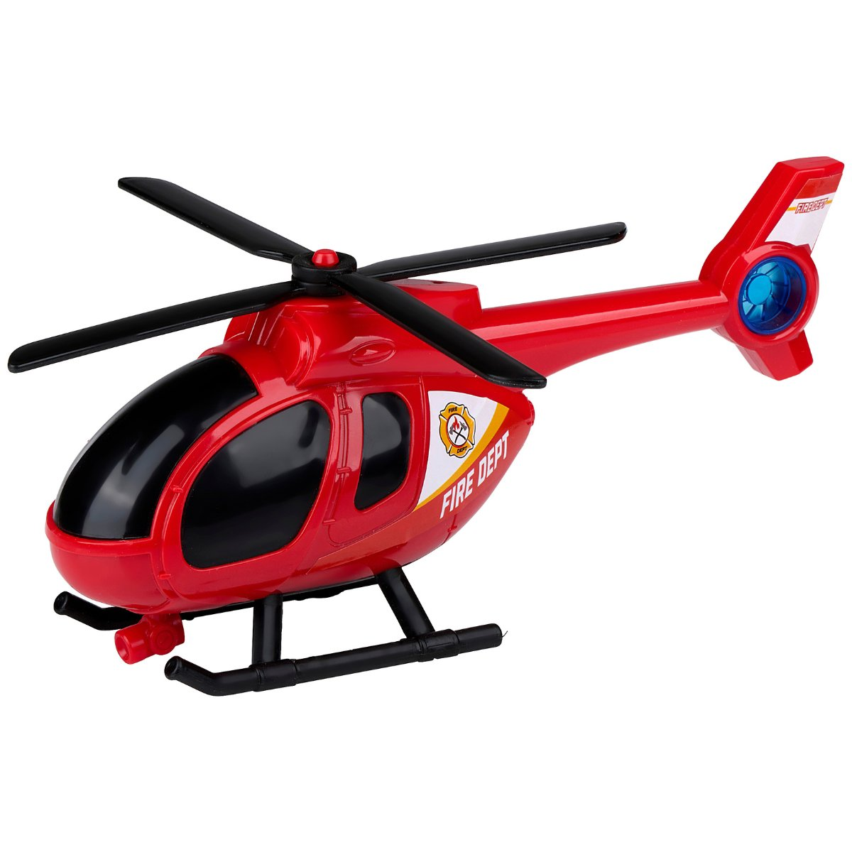 Een rode speelgoedhelikopter met zwarte bladen en landingsgestel. Hij heeft een zwarte cockpit en een 'Fire Dept' logo.