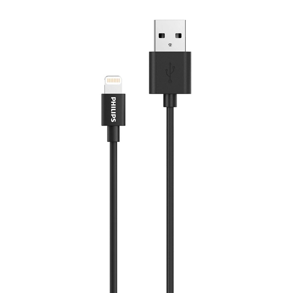 Siyah bir Philips USB kablosu, sol tarafta yıldırım konektörü ve sağ tarafta USB konektörü ile beyaz bir arka plan üzerinde.