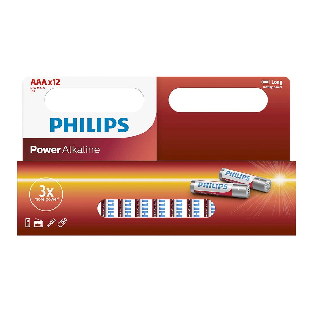 Eine Philips Power Alkaline Batterieverpackung. Enthält AAA x12 Batterien. Mit rotem und weißem Farbschema. Zeigt Batterie-Icons und Text: '3x mehr Leistung'.