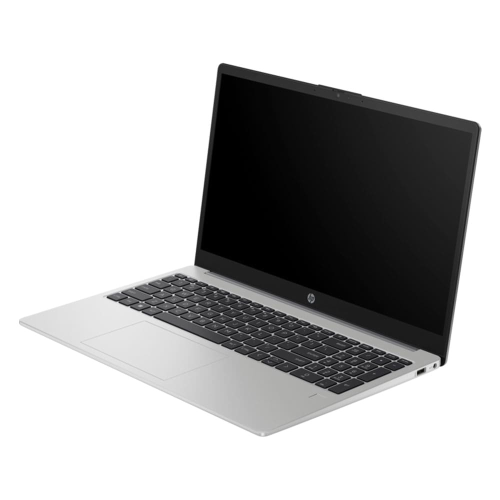 Siyah ekranlı, klavyeli ve dokunmatik yüzeyli gümüş renkli bir dizüstü bilgisayar. HP logosu görülebilir. Arka plan beyaz.