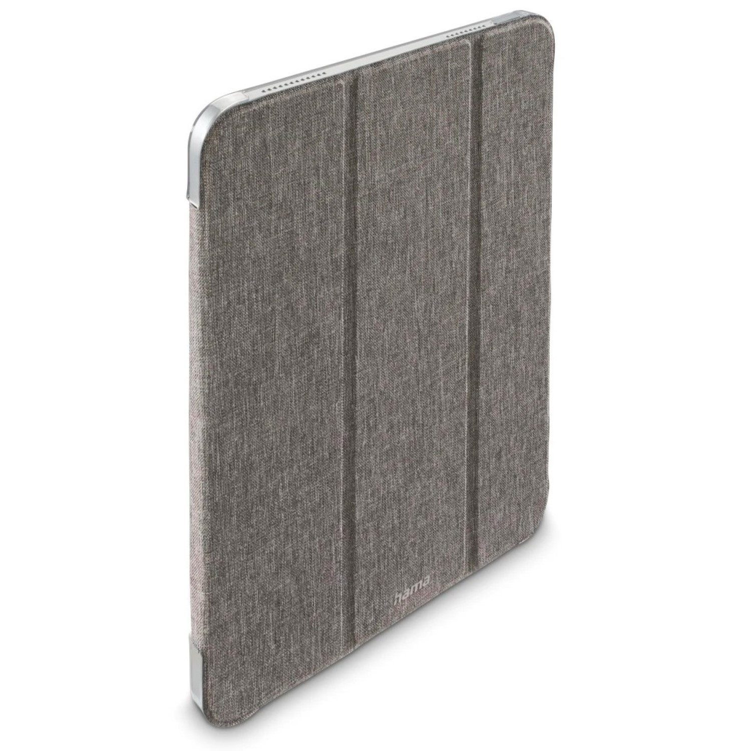 Eine graue Tablethülle mit strukturiertem Stoff. Die Hülle ist geschlossen und zeigt die Vorderseite mit drei vertikalen Paneelen.