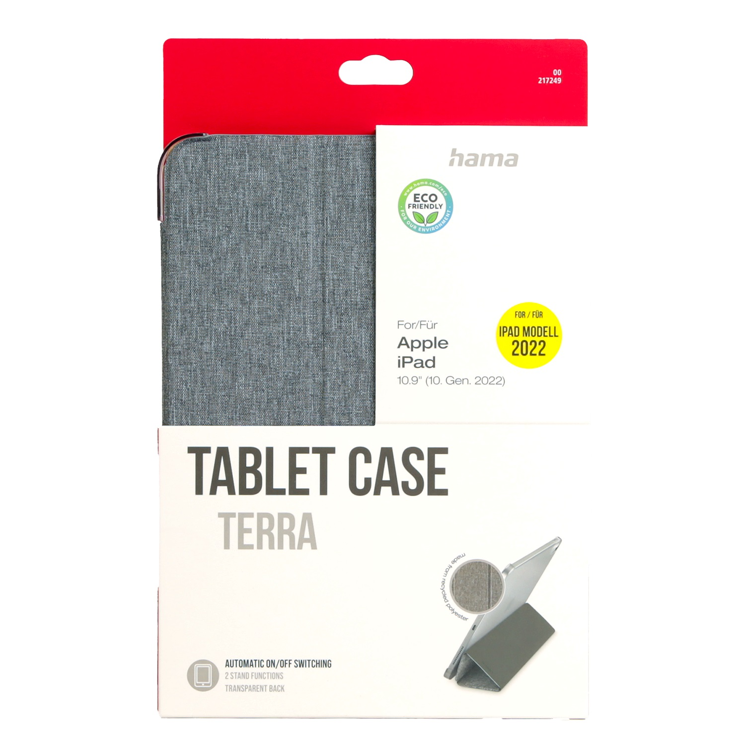 Eine Tablet-Hüllen-Verpackung. Die Verpackung ist oben rot und unten weiß. Sie trägt den Markennamen 'hama' und den Text 'TABLET CASE'.