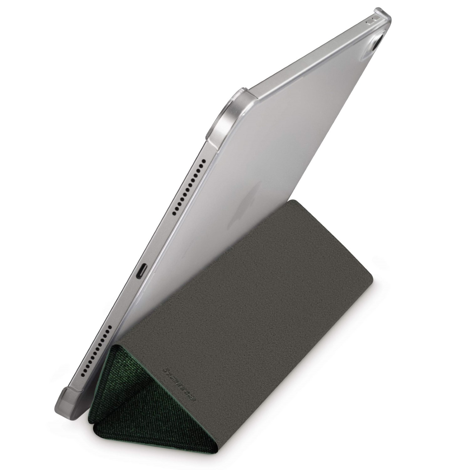 iPad podparty w szarej i zielonej obudowie. Urządzenie jest srebrne. Obudowa ma ciemnoszarą zewnętrzną i zielone wnętrze.