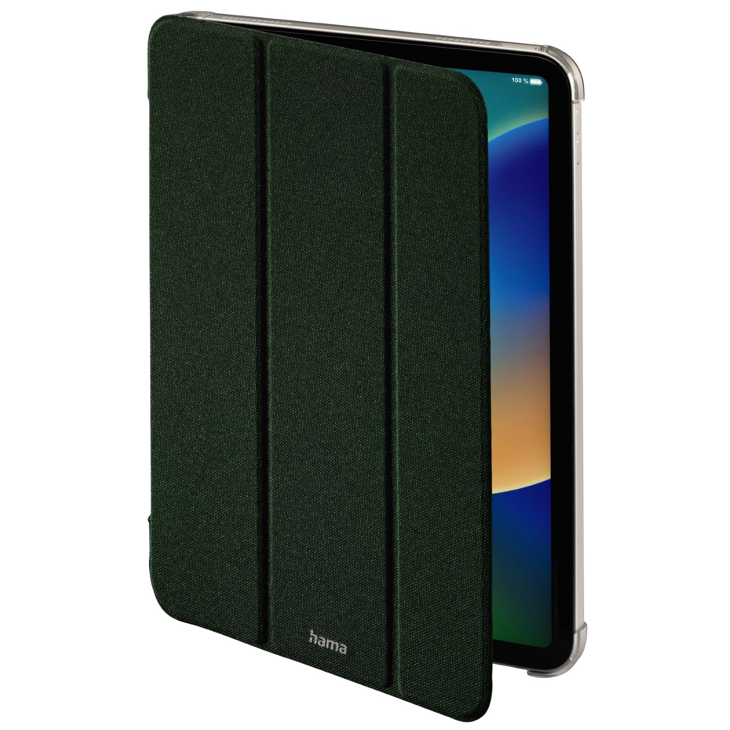Otwarty zielony pokrowiec na tablet z częściowo widocznym tabletem. Tablet wyświetla kolorowe tło. Pokrowiec ma markę 'hama'.