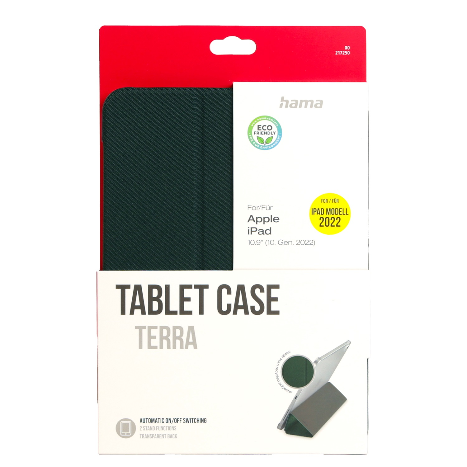 Pudełko na etui na tablet. Pudełko przedstawia etui na iPada, markę Hama i tekst o funkcjach etui.