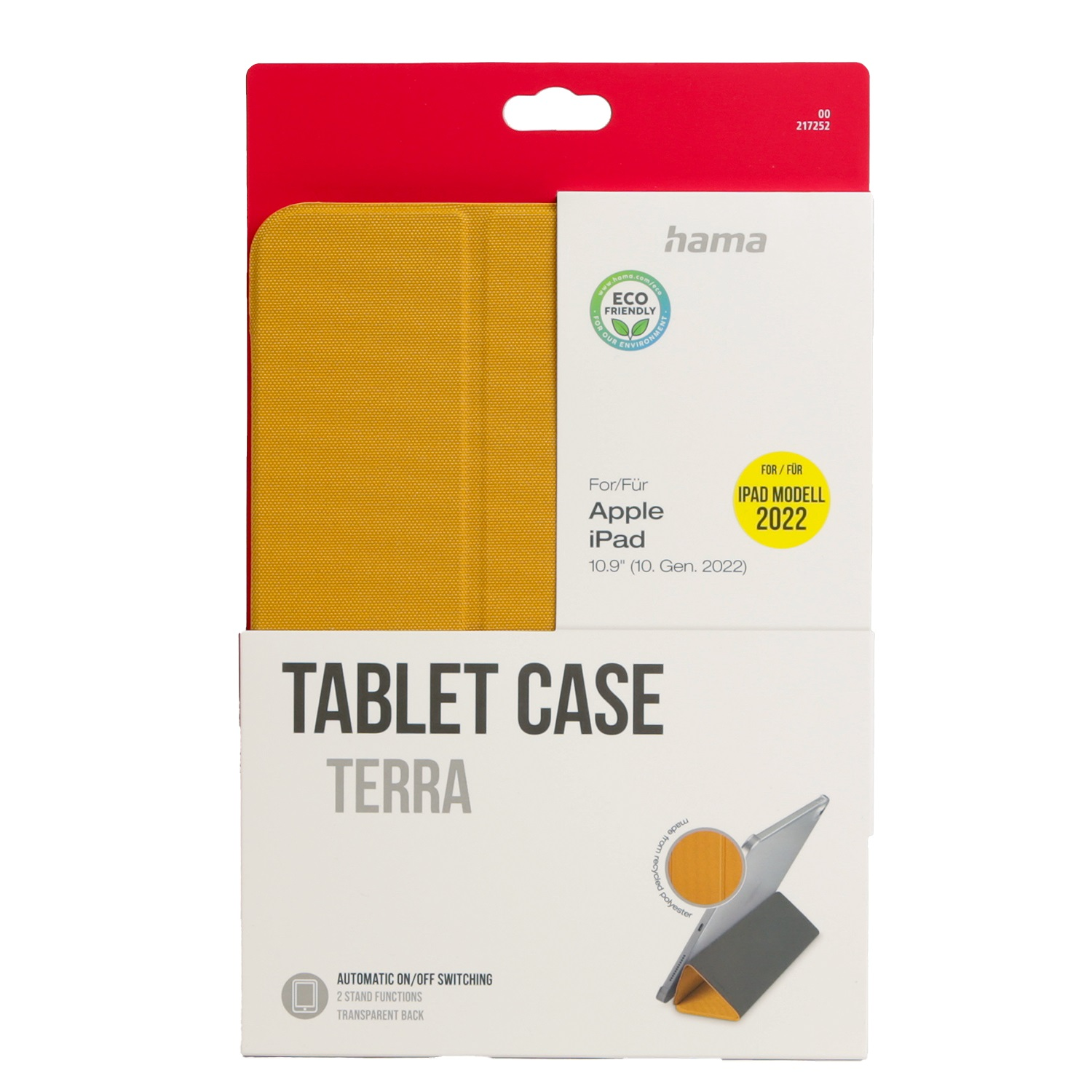 Pudełko na etui na tablet. Pudełko jest białe z tekstem, żółtym etui na tablet i czerwoną górą. Jest przeznaczone do modelu iPada 2022.