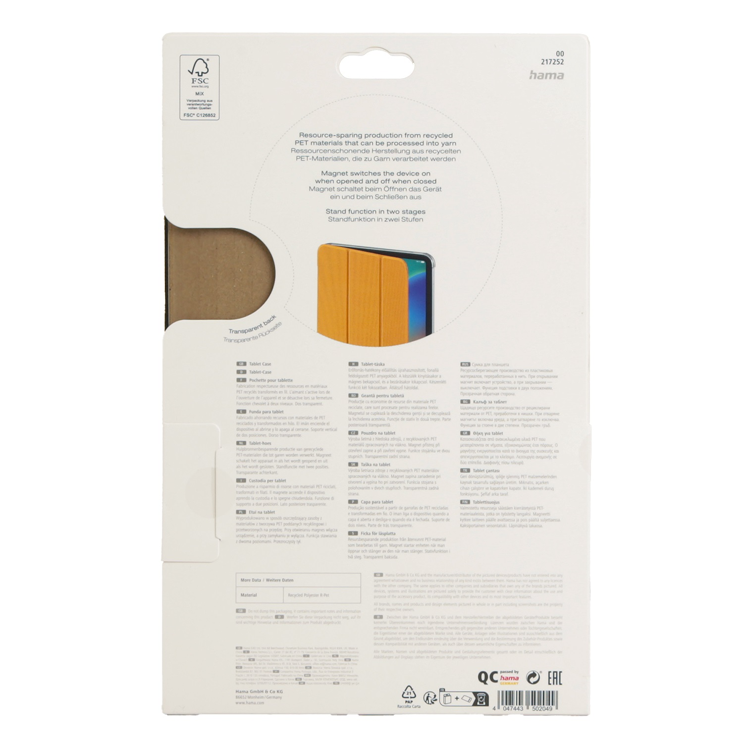 Białe opakowanie produktu z etui na tablet, żółte etui w środku. Widoczny tekst i logo.