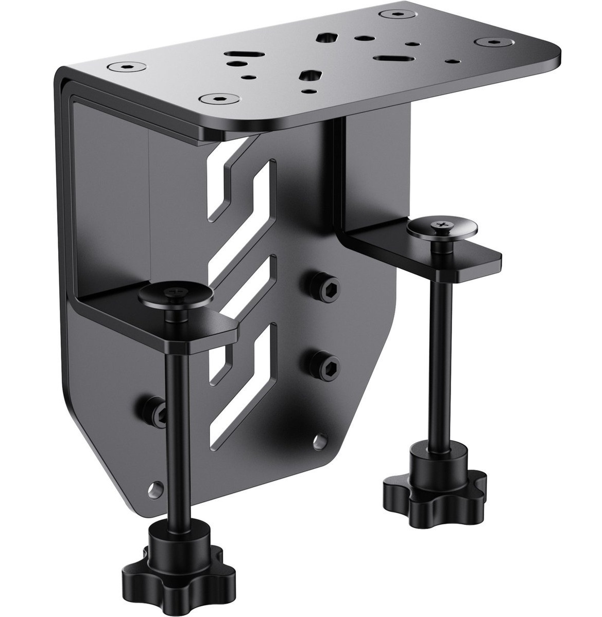 Zwarte metalen beugel met montagegaten en verstelbare knoppen. De beugel heeft een L-vorm met uitsparingen.