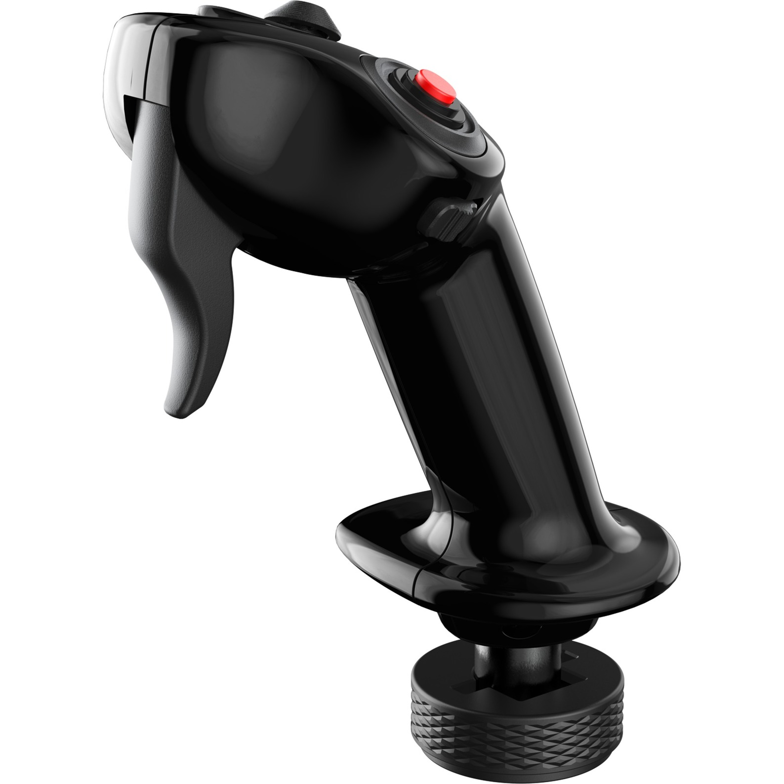 Een zwarte joystick met een rode knop. De joystick is glanzend en heeft een trekker. Het staat op een witte achtergrond.
