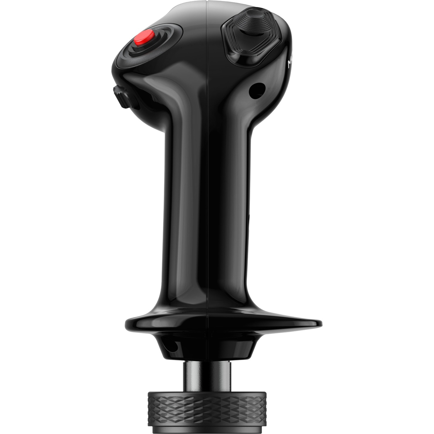 Een zwarte joystick met een rode knop. De joystick is voor een vluchtsimulator. Het heeft meerdere knoppen en een getextureerde basis.