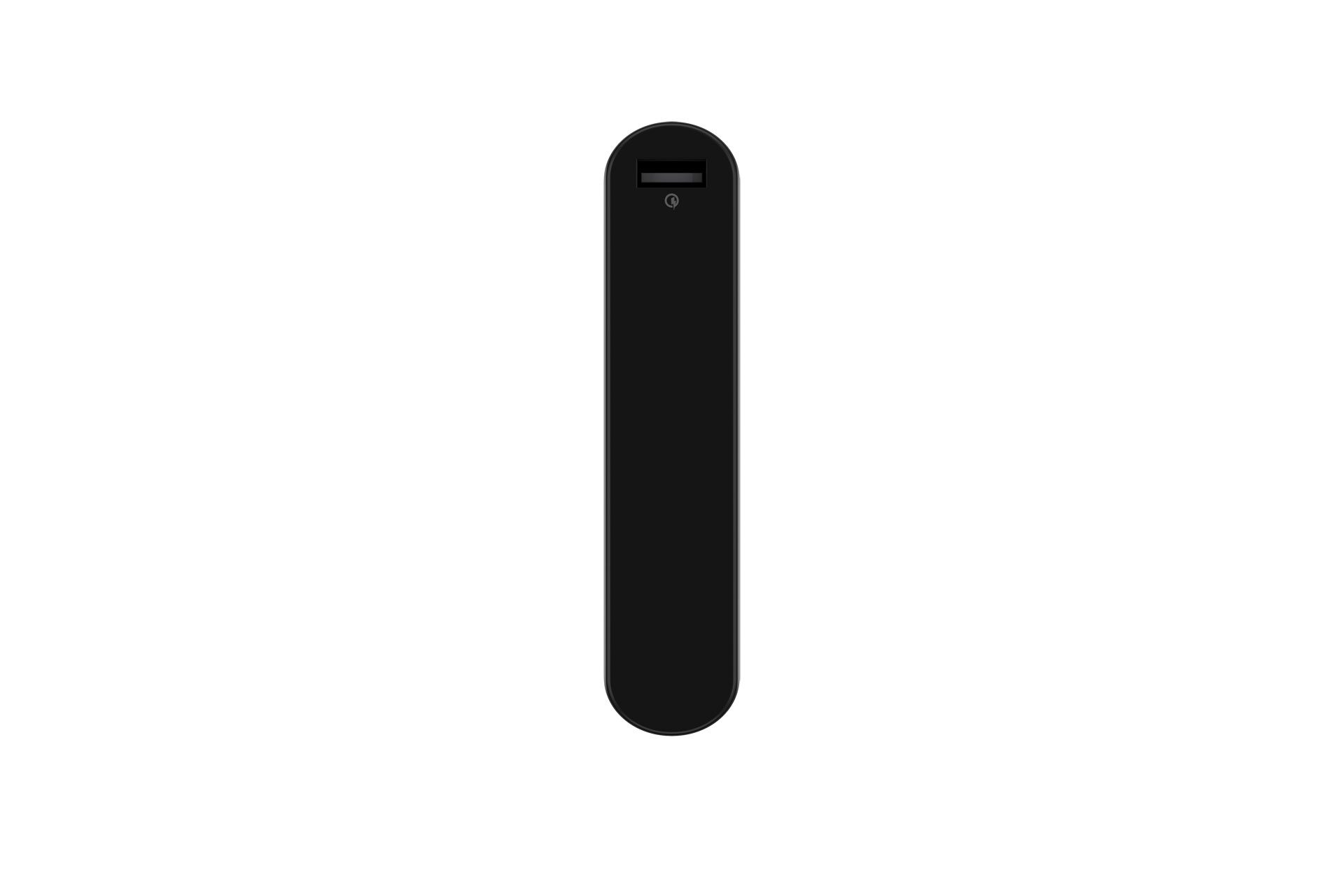 Eine schwarze, rechteckige Powerbank steht vertikal vor einem weißen Hintergrund. Sie hat eine abgerundete Oberseite mit USB-Anschluss und Leistungsanzeige.