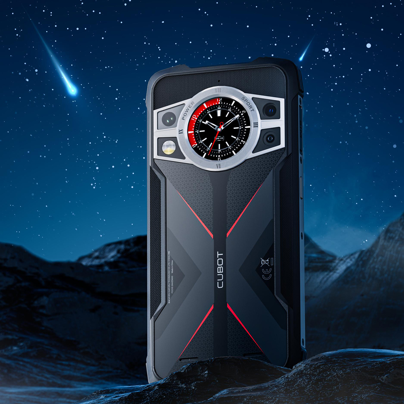 Czarno-czerwony telefon CUBOT z wyświetlaczem przypominającym zegarek na tle gwiaździstego nieba z górami.