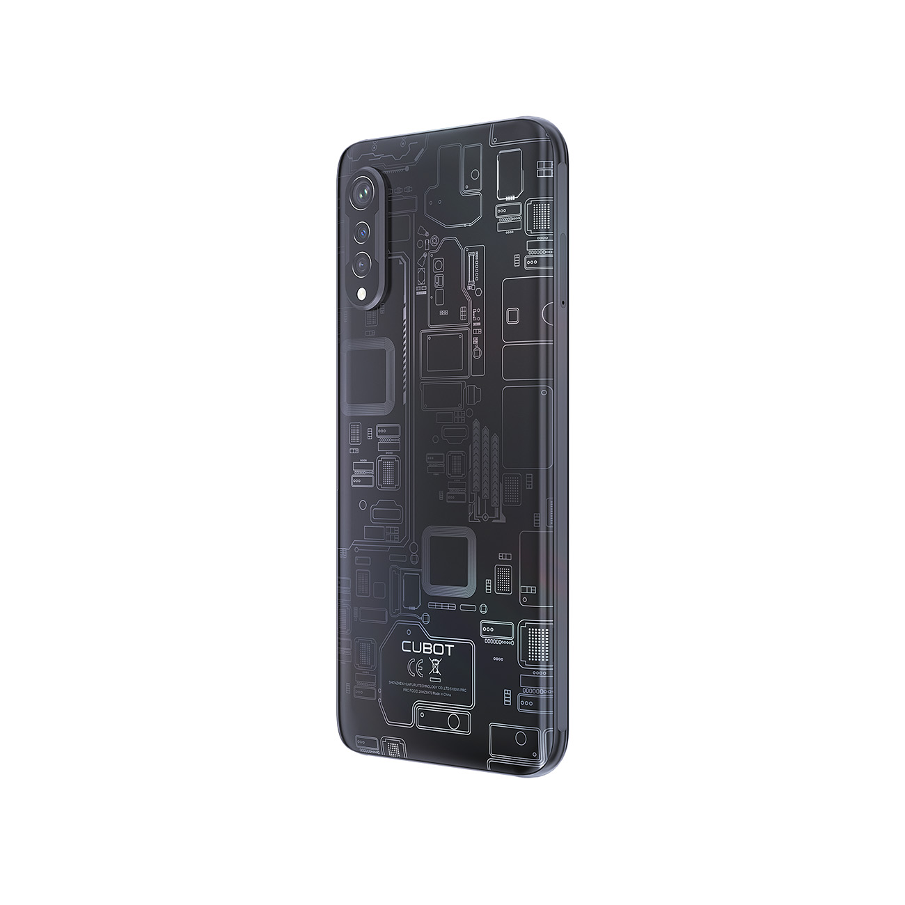 Smartphone-Rückseite mit Leiterplattendesign. Schwarzes Telefon mit drei Kameras und einem Logo. Weißer Hintergrund.