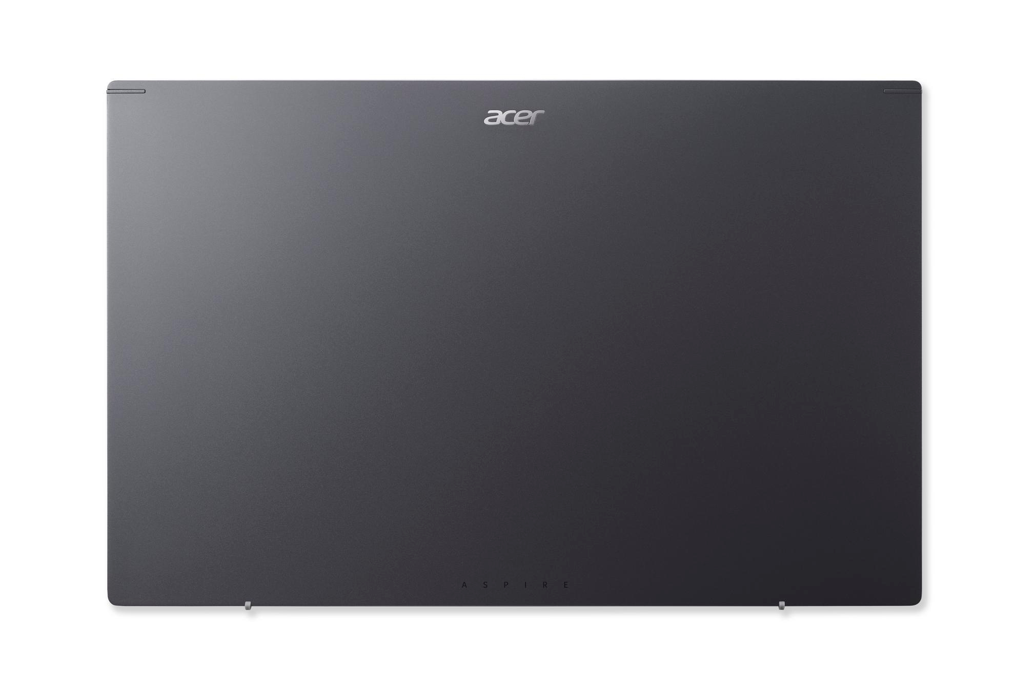 Ciemnoszary tył laptopa z logo Acer. Słowo 'ASPIRE' jest na dole. Tło jest białe.