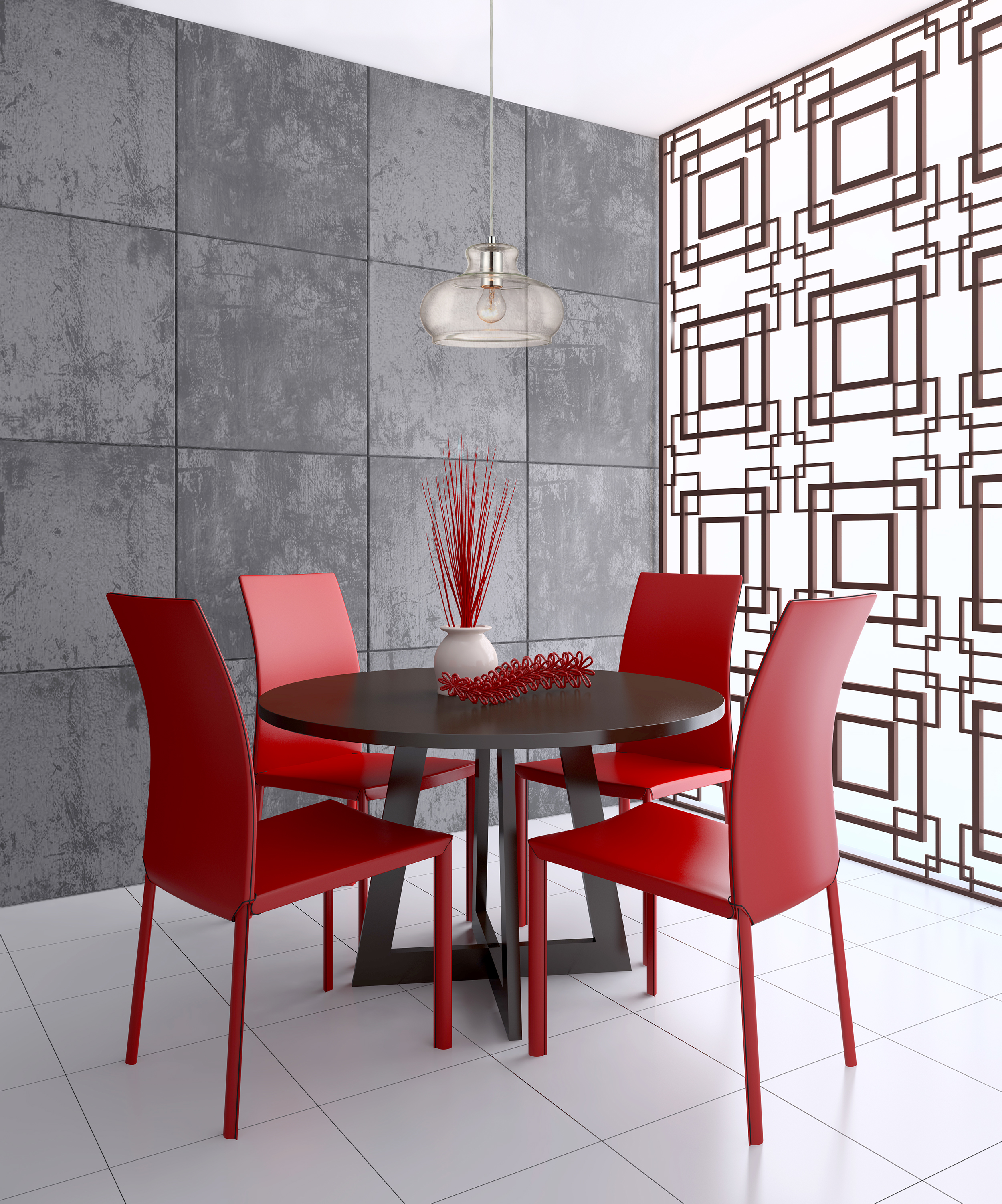 Ein Esszimmer mit einem runden, dunklen Tisch und vier roten Stühlen. Im Hintergrund befinden sich eine dekorative Wand und eine graue Tafel.
